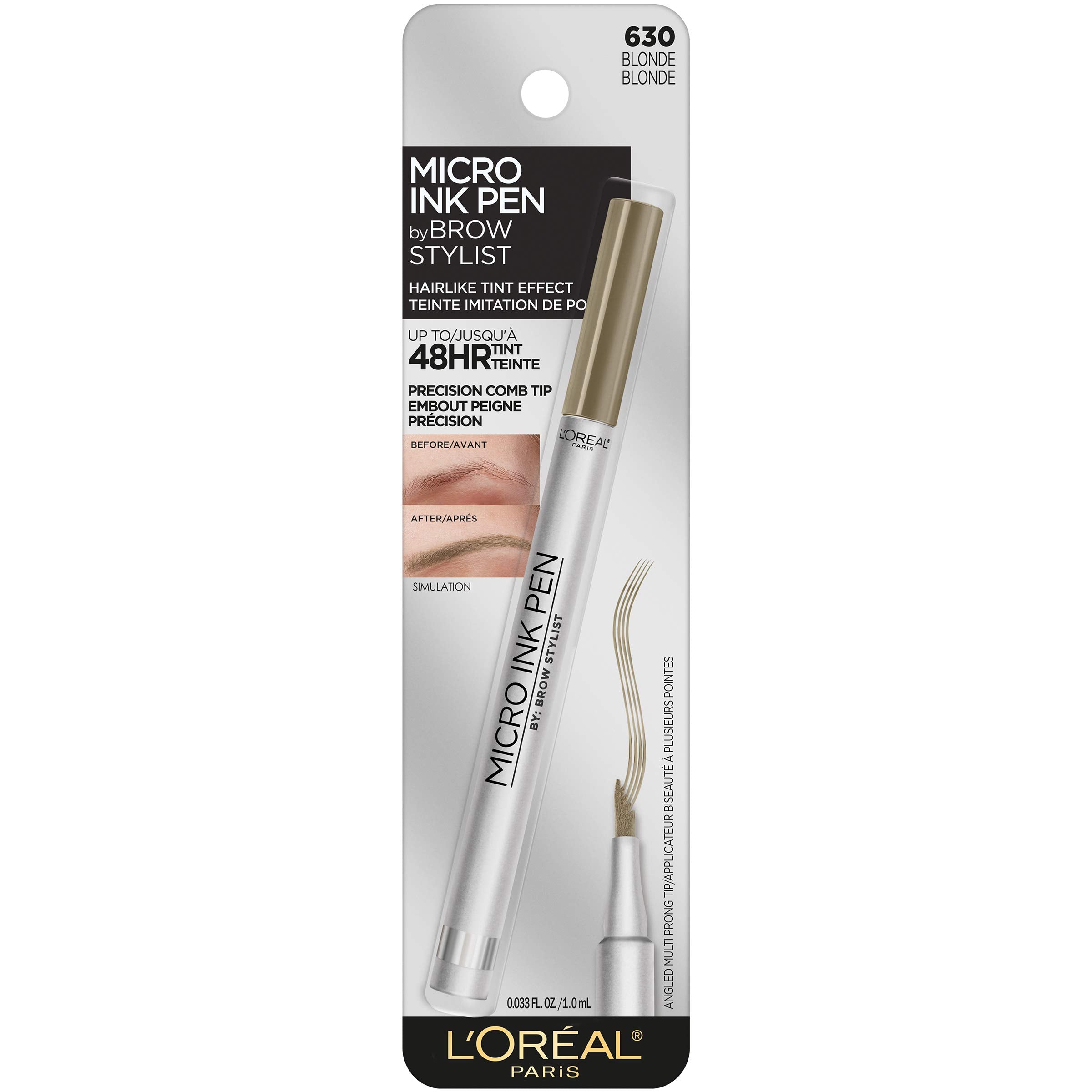 L'Oreal Paris Micro Ink Pen by Brow Stylist, Longwear Brow Tint, Hair-Like Effect, Up to 48HR Wear, Precision Comb Tip, Blonde,