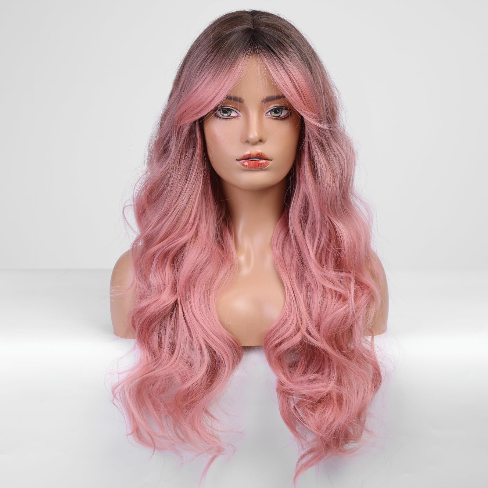 Haircube Long Pink Wavy Wig For Women Ombre Pink Wig Dark Root 26 Inch With Bangs Curly Wavy Wig Natural Looking Synthetic Heat