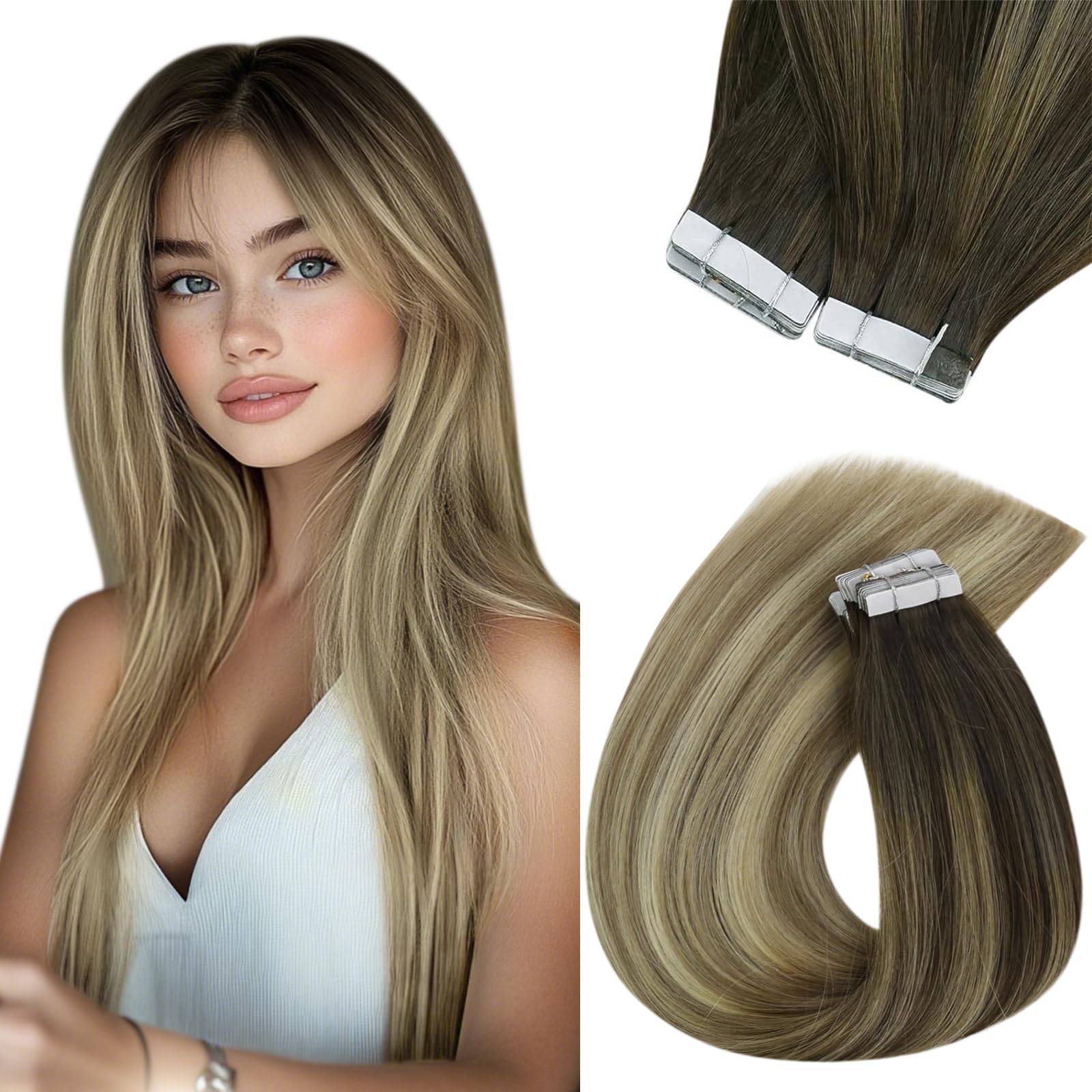 Sunny Hair Tape in Hair Extensions Real Human Hair Invisible Remy Hair Extensions Tape ins for Women Dark Brown Ombre Dark Golde