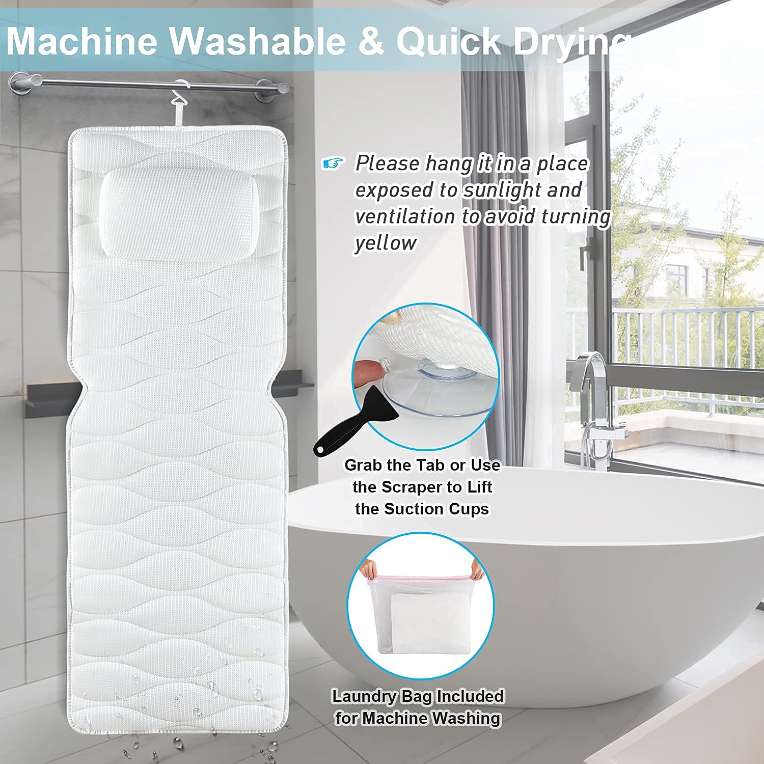 Full Body Bath Pillow, Bath Pillows For Tub With Mesh Washing Bag & 21 Non-Slip Suction Cups, Spa Bathtub Pillow For Head Neck S