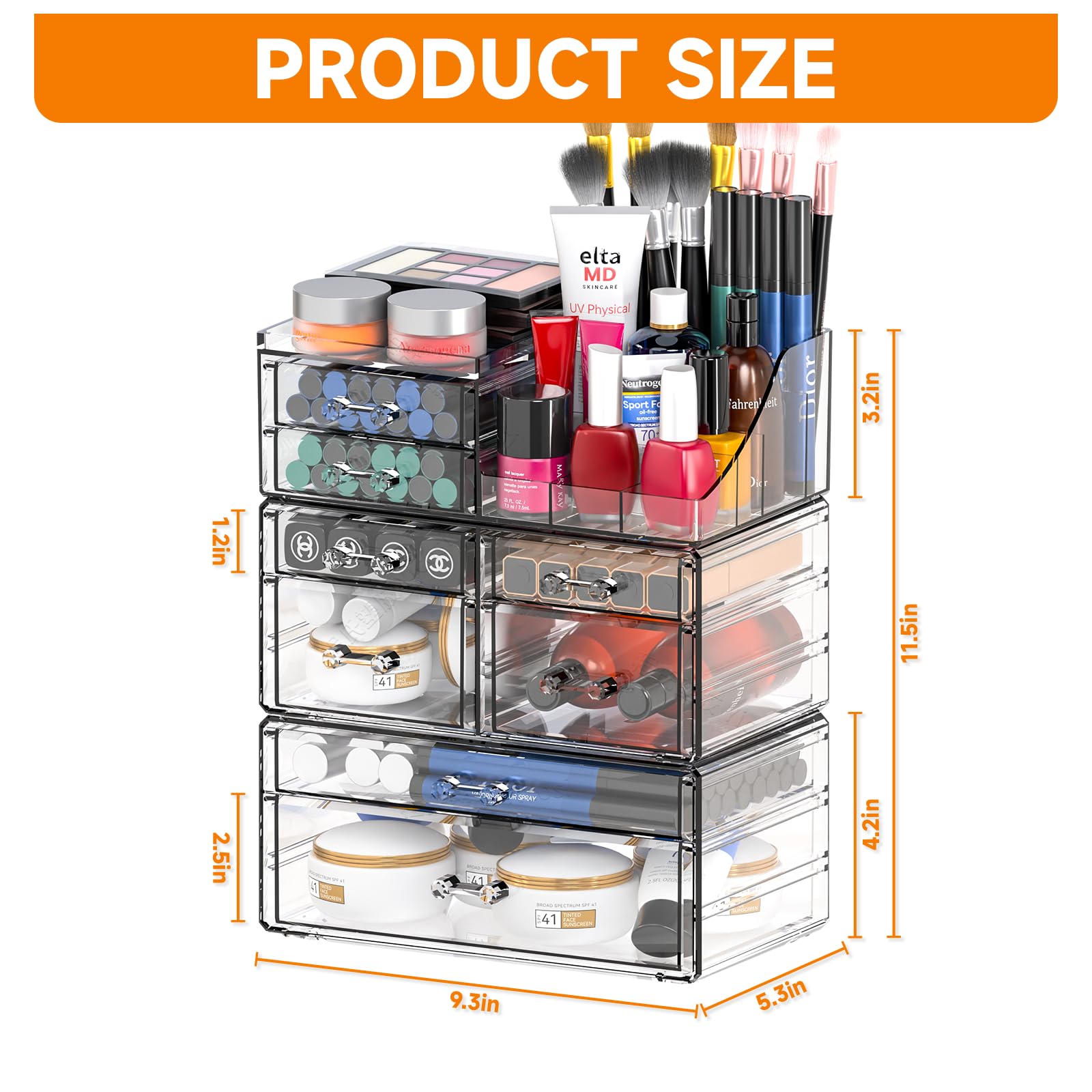 Cq acrylic 3 Pack Clear Make Up Organizers for Vanity With 8 Drawers,Stackable Skincare Organizer and Cosmetic Storage Organizer