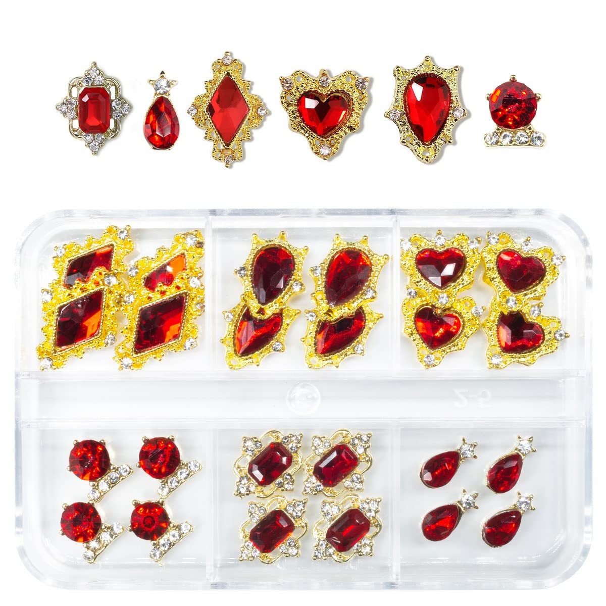 qiipii 24pcs Red Nail Rhinestones Luxury Nail Charms Ruby Red Heart Charms for Nails 3D Big Nail Gems Crystals Diamonds Jewelry 