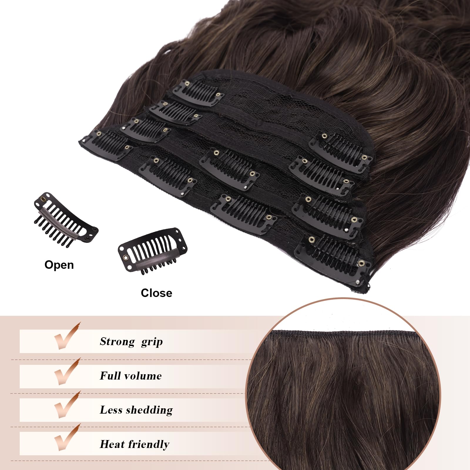 FESHFEN Clip in Hair Extensions 4 PCS Chocolate Brown with Dark Brown Thick Highlighted Hairpieces Long Wavy Clip in Hair Piece