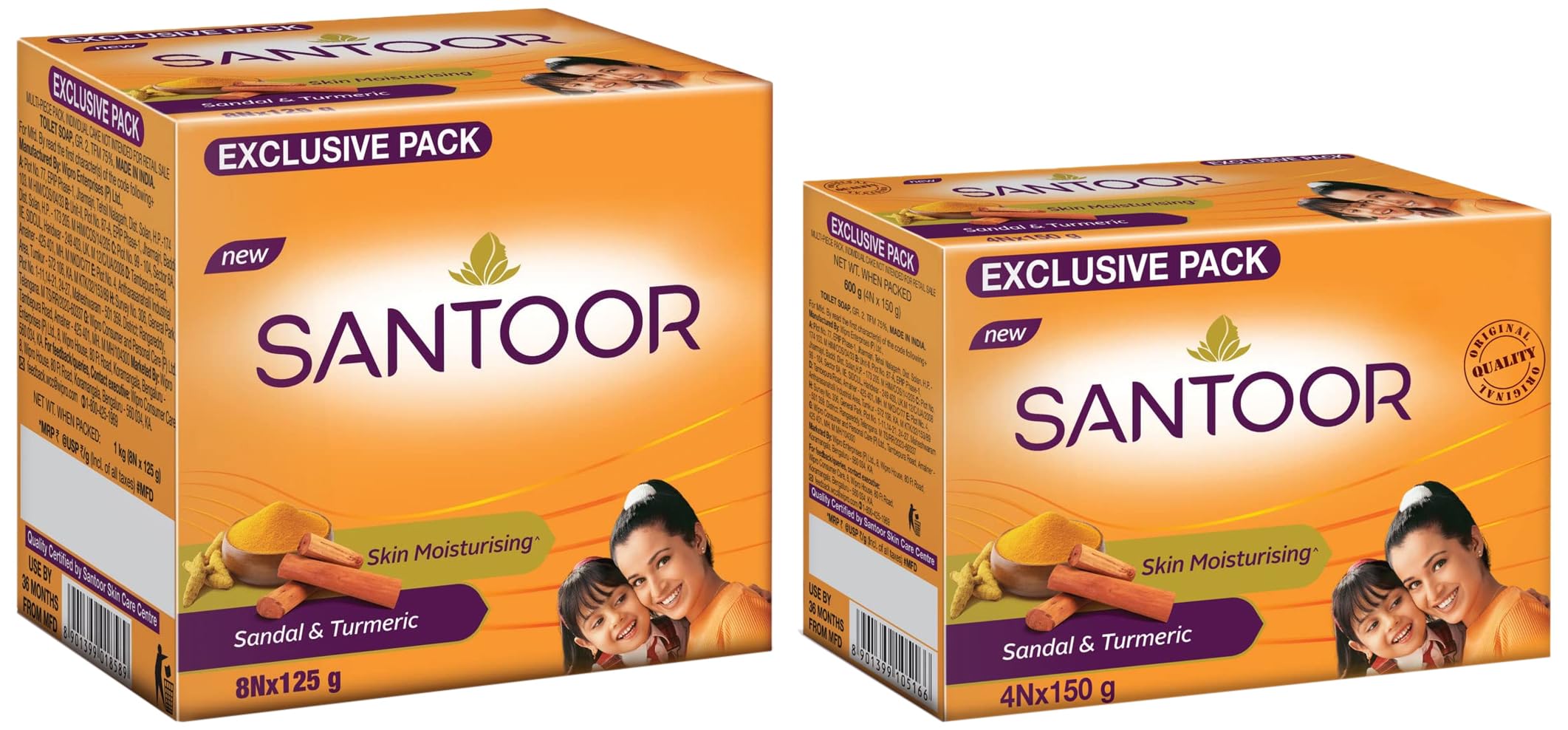 Santoor Plain Bathing Bar, 150Gm [Pack Of 4] & Santoor Sandal & Turmeric Soap For Total Skin Care, 125G (Pack Of 8)