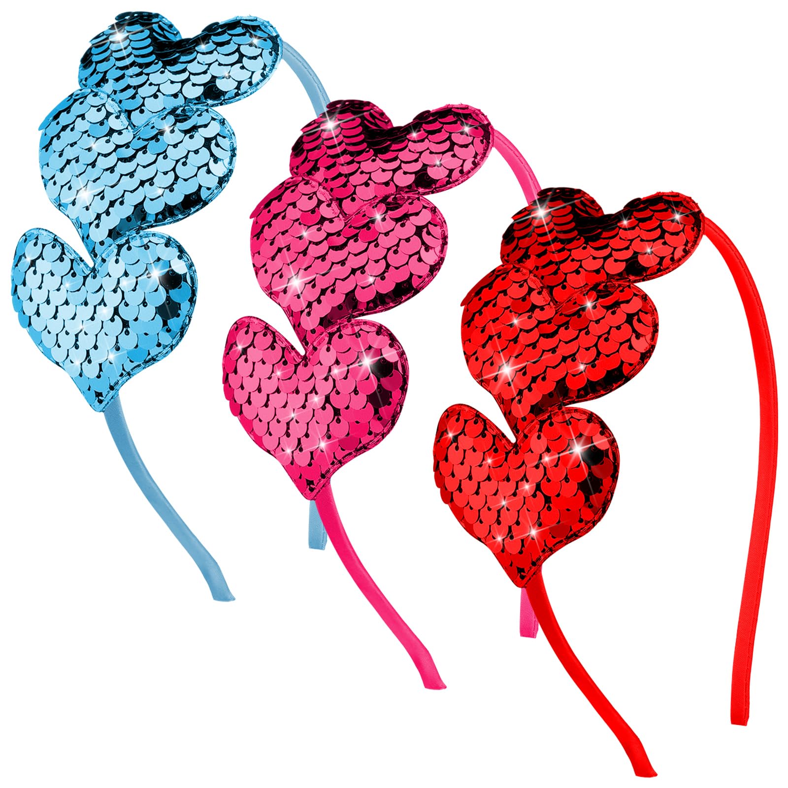 Chuangdi Valentine's Day Glitter Heart Headband - 3 Pcs Sequin Headband Elastic Love Heart Hair Band for Wedding (Rose Red, Blue
