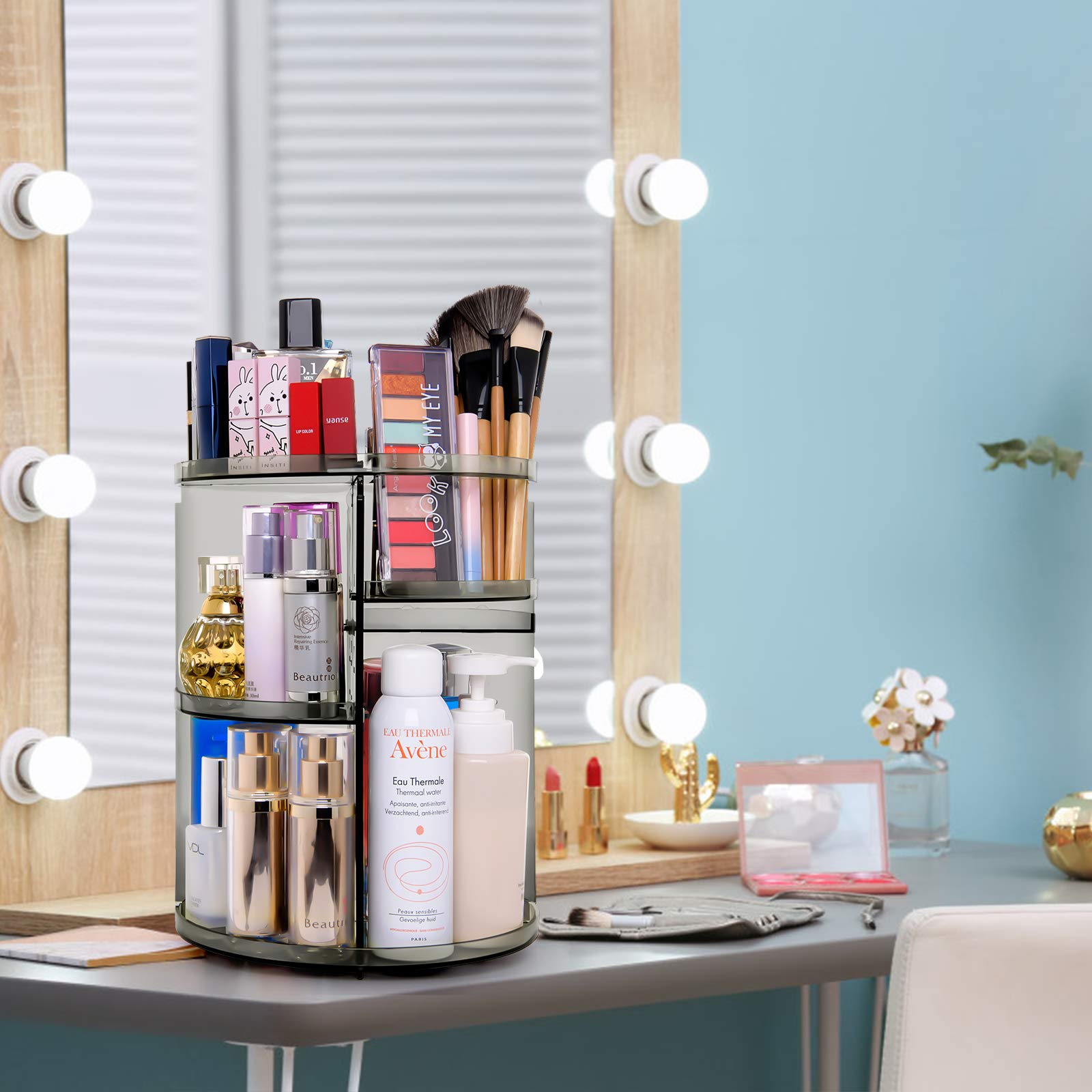Sanipoe 360 Rotating Makeup Organizer, Spinning Skincare Organizer,Cosmetic Display Case With Brush Holder Perfume Tray, Multi-F