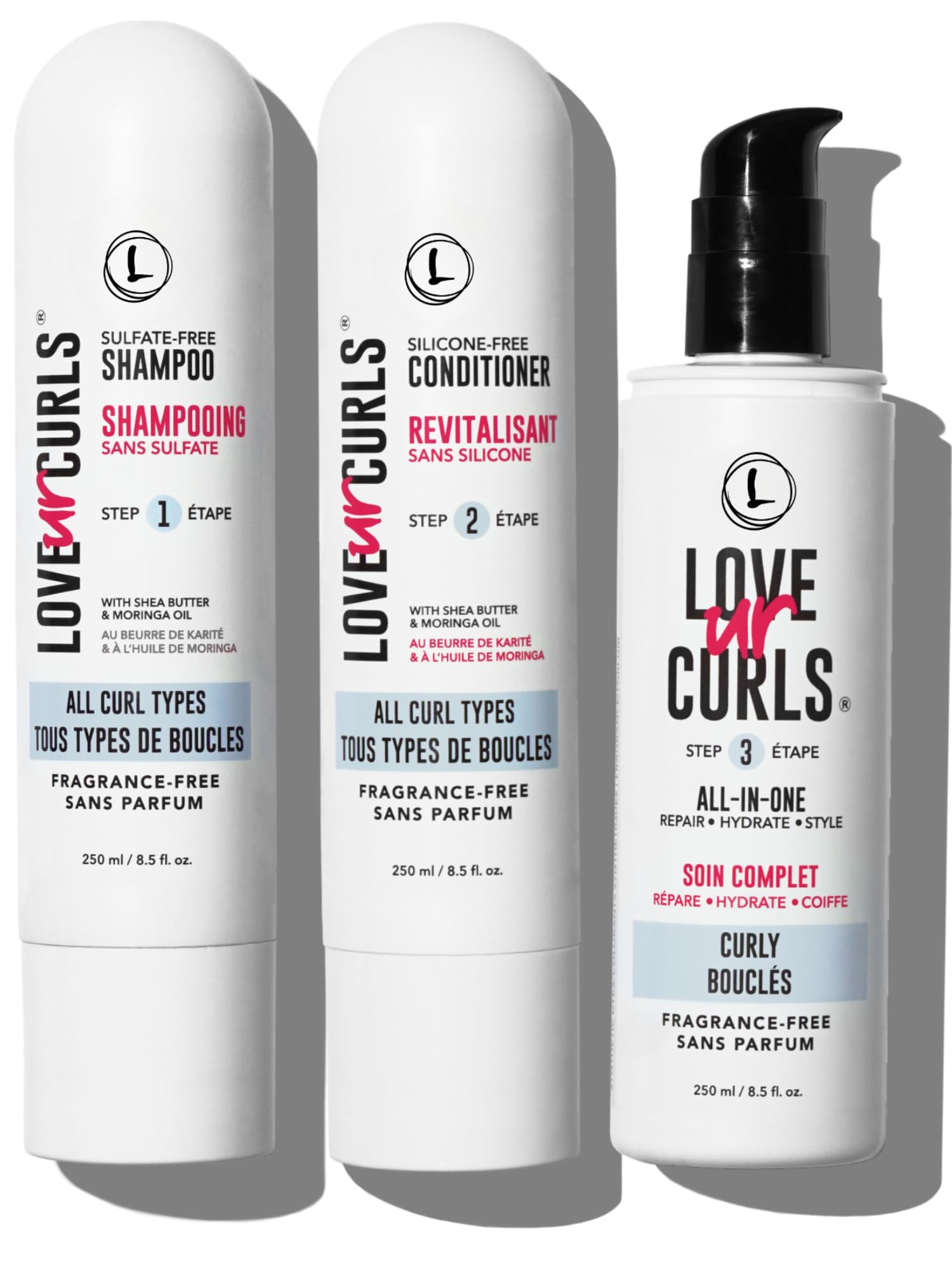 LUS (Love Ur Self) Fragrance-Free 3-Step System Shampoo and Conditioner Set with All-in-One Styler for Curly Hair Nongreasy & Mo