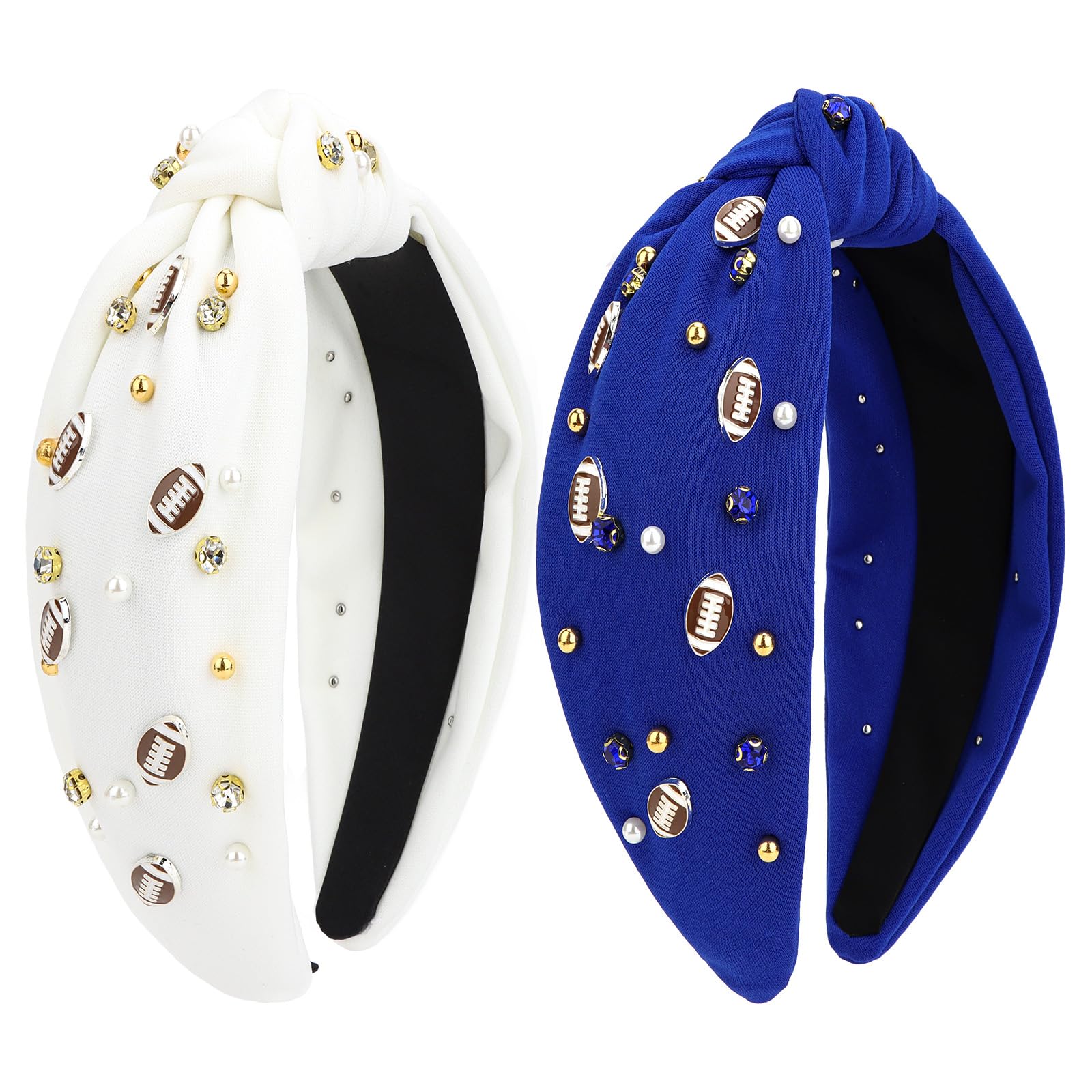 Wecoe 2pcs Knot Headbands Game Days Football Pearl Rhinestone Wide Cloth Headbands Cute White Blue Head Bands Fashion Sparkly Be