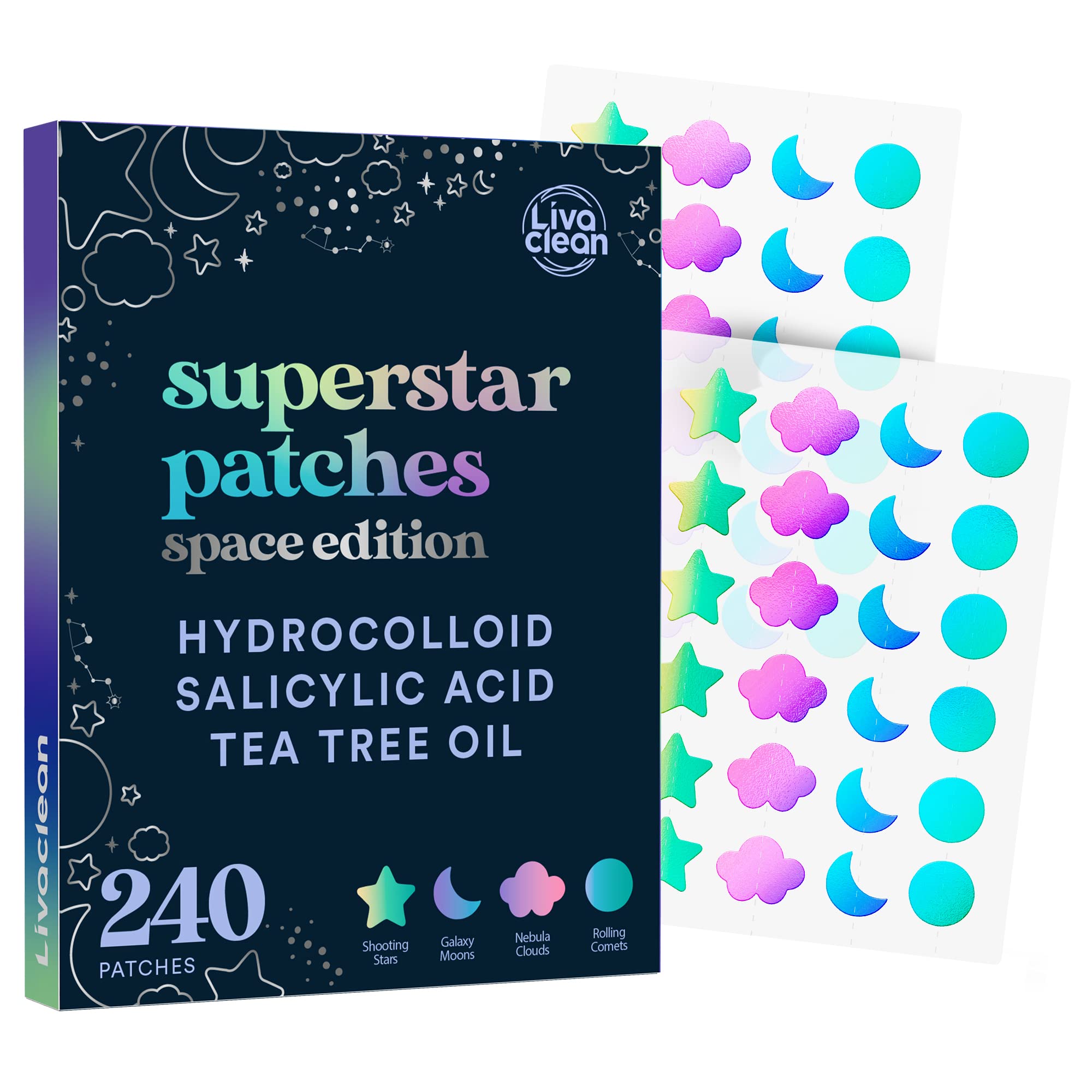 LivaClean 240 CT Holographic Cute Acne Patches - Space Edition w/Salicylic Acid & Tea Tree Oil for Face - Hydrocolloid Star Pimp