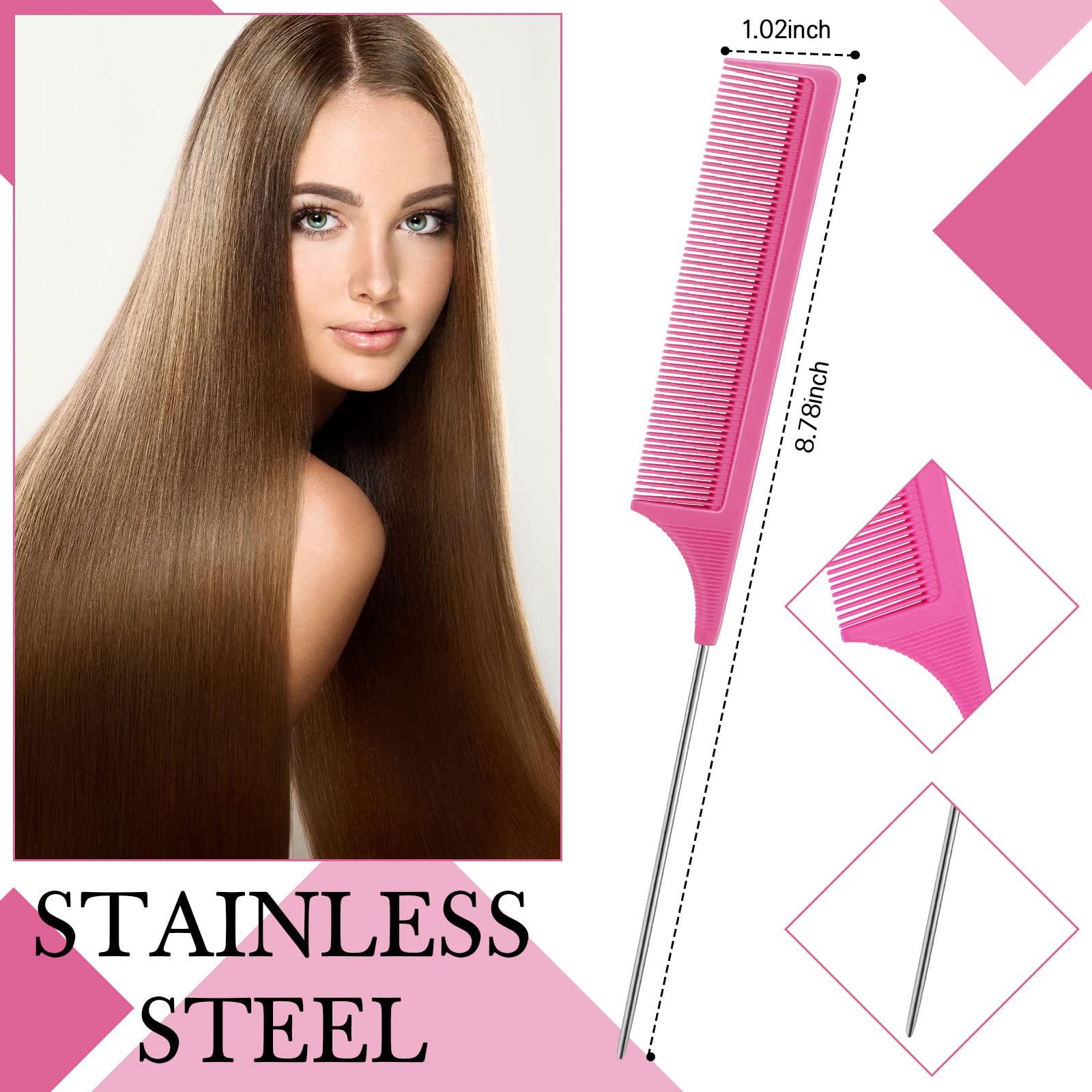 Geiserailie 3 Pcs Hair Brush Set - Bristle Edge Control & Teasing Comb, Plastic, Rose Red