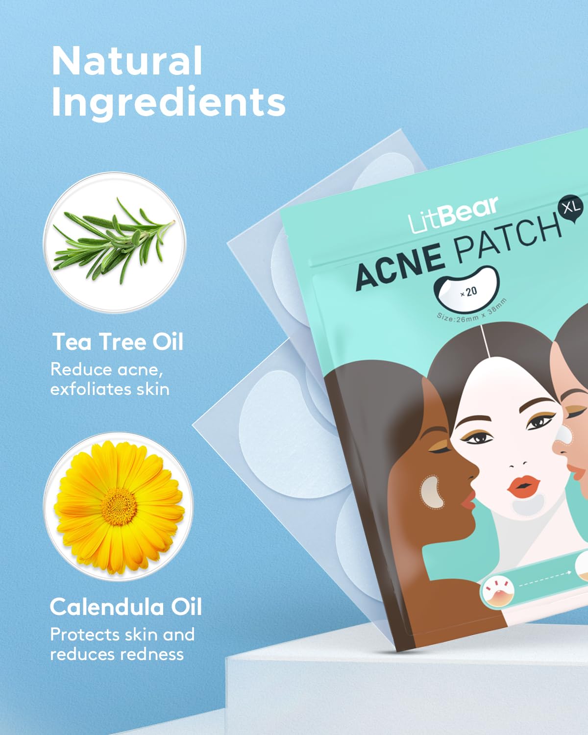Litbear Acne Patches Large, Hydrocolloid Pimple Patches For Large Breakouts, Zit And Blemish, Large Acne Patches For Face, Chin,