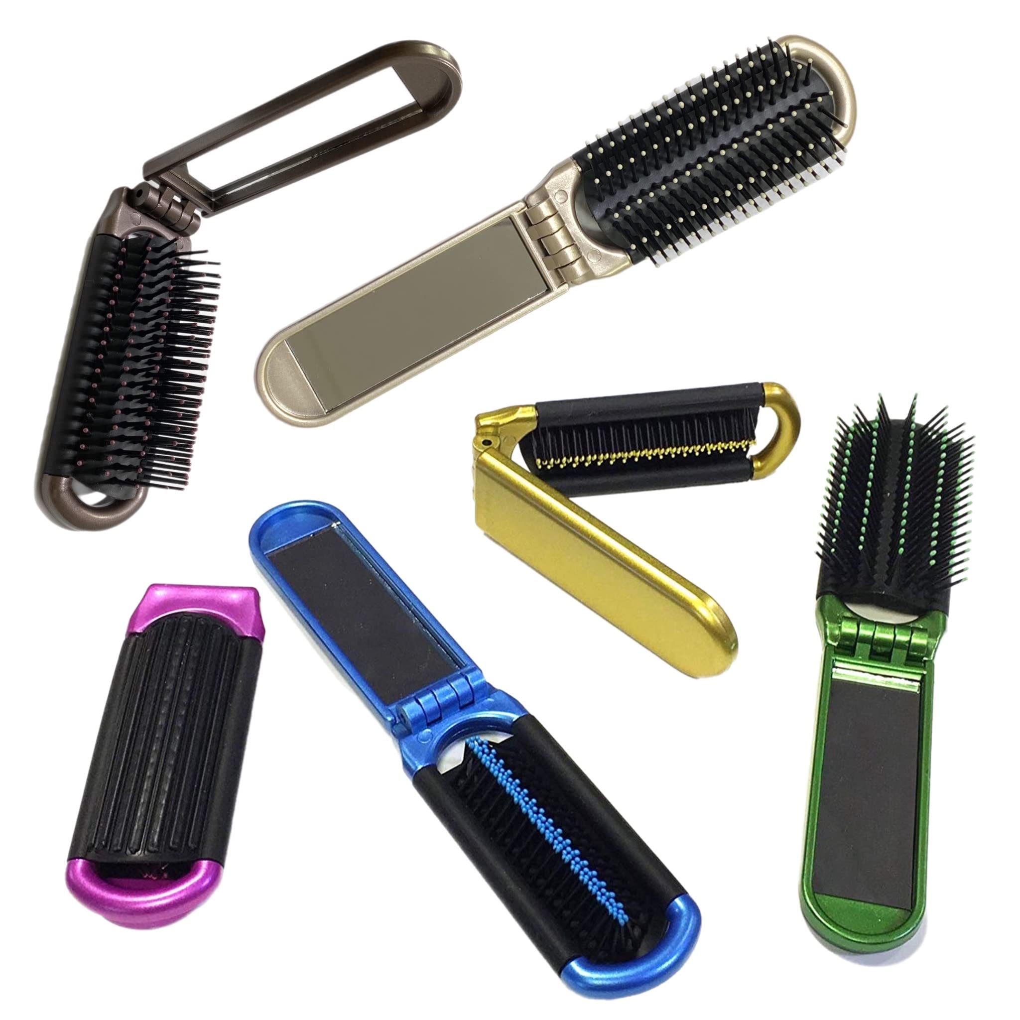 ALAZCO 2 Assorted Colors Folding Hair Brush With Mirror Compact Pocket Size Travel Car Gym Bag Purse Locker Swimming Camping Sle