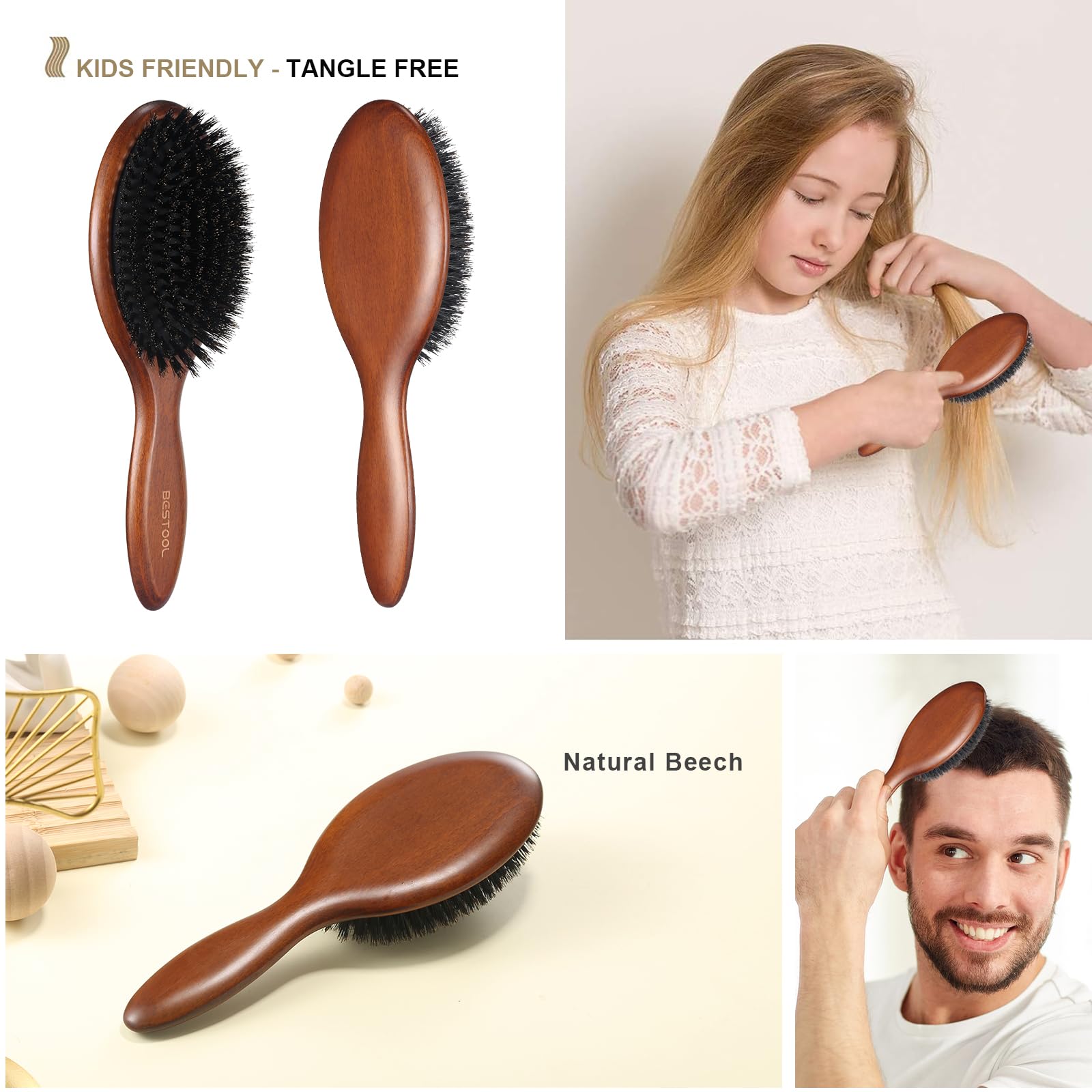 Bestool Hair Brush, Boar Bristle Hair Brushes For Women Men Kids, Boar Bristle Brush For Hair Smoothing, Everyday Brush Enhances