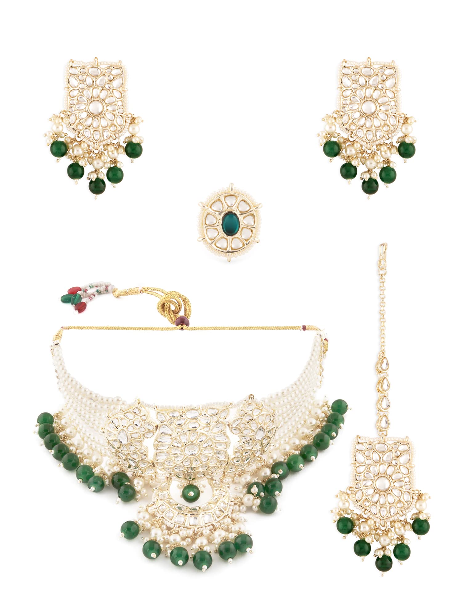 Zaveri Pearls Green Beads Bridal Multistrand Pearls Kundan Choker Necklace Earring Maangtikka & Ring Set For WomenZpfk13169