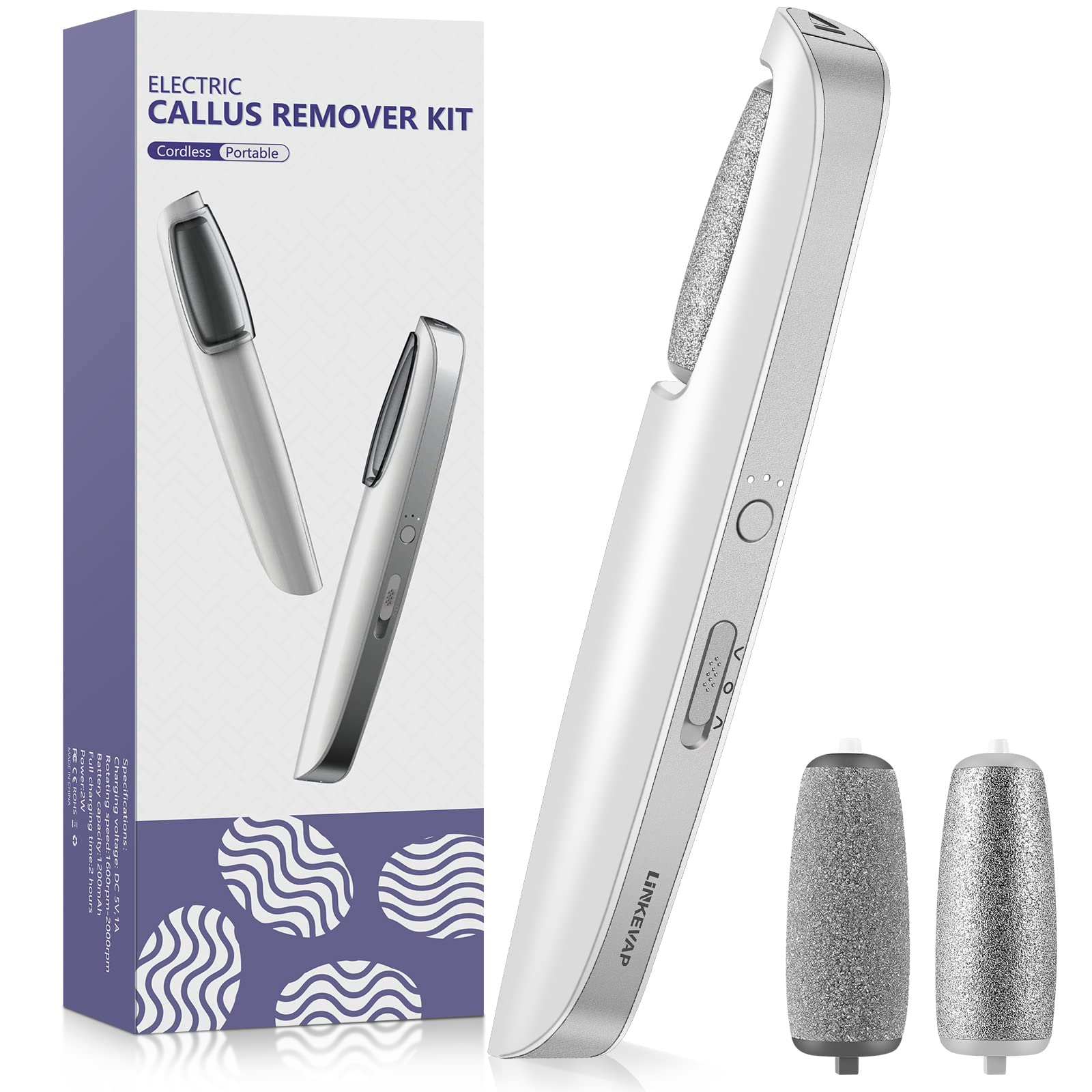 LINKEVAP Electric Callus Remover Kit - Professional Foot Scrubber for Dry Skin, 1 Count, Cold White, At Home Spa Care for Men & Women