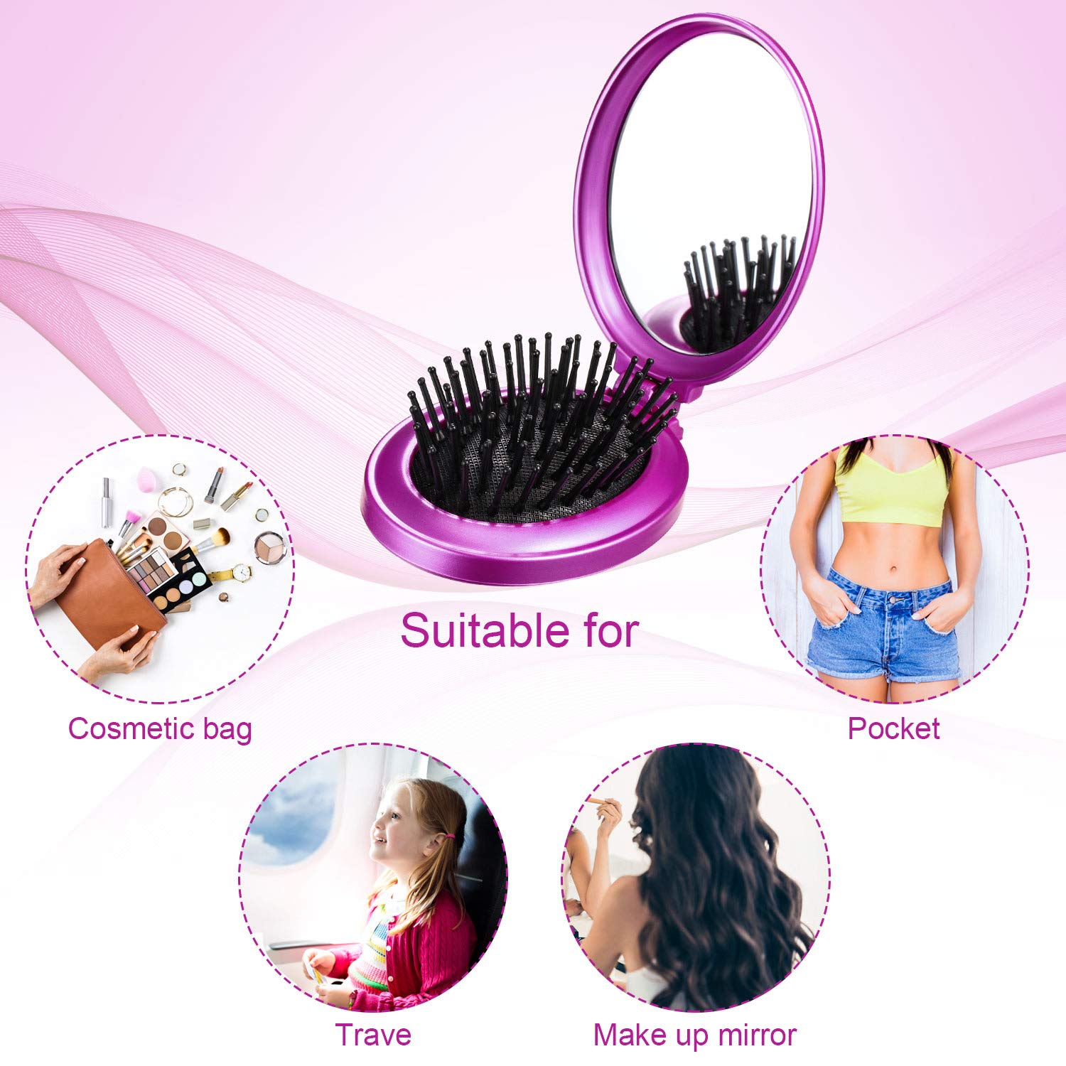 2 Pieces Travel Mirror Hair Brushes - Round Pocket Brush, Mini Compact Massage Comb For Women And Girls (Blue, Purple)
