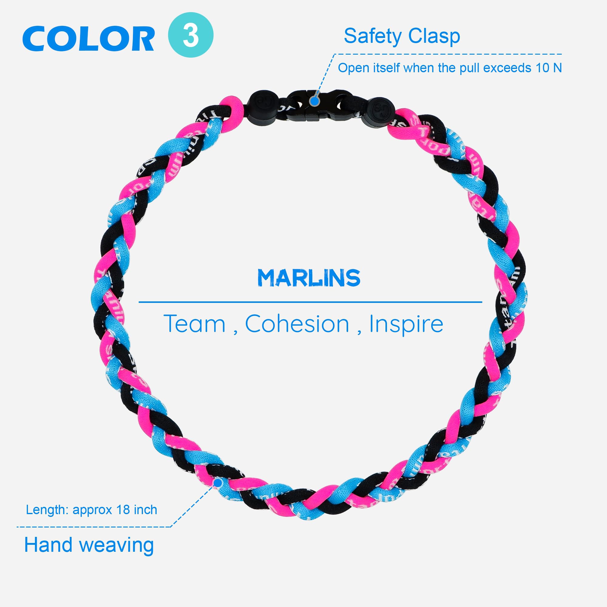 SUPBOMM 3 pcs Baseball Rope Necklaces, League Team Colors Braided Necklace, Baseball Team Gifts, Marlins