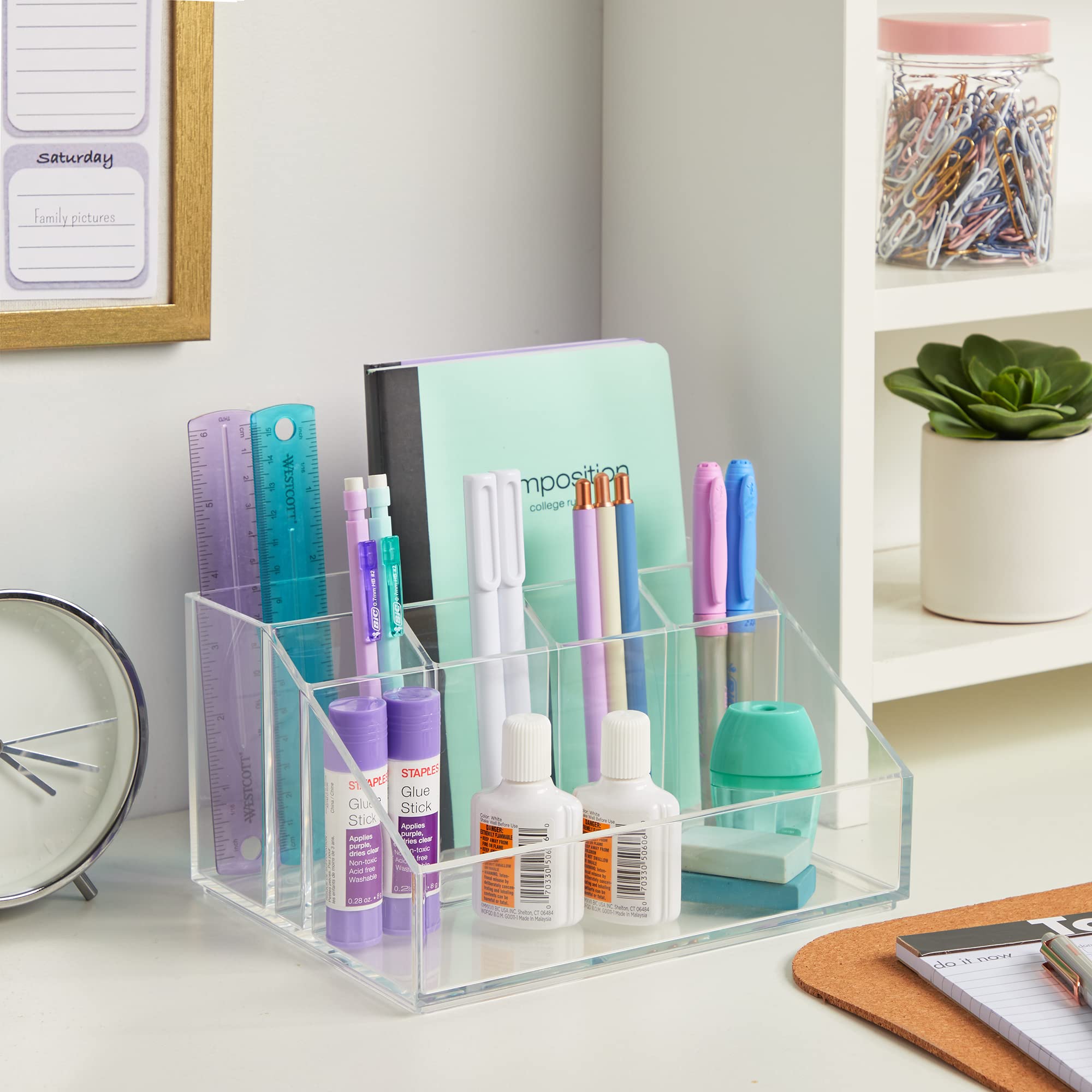 Stori Chloe Clear Plastic Stackable Vanity Makeup Organizer | Rectangular 6-Compartment Holder For Cosmetics, Brushes, Eyeshadow