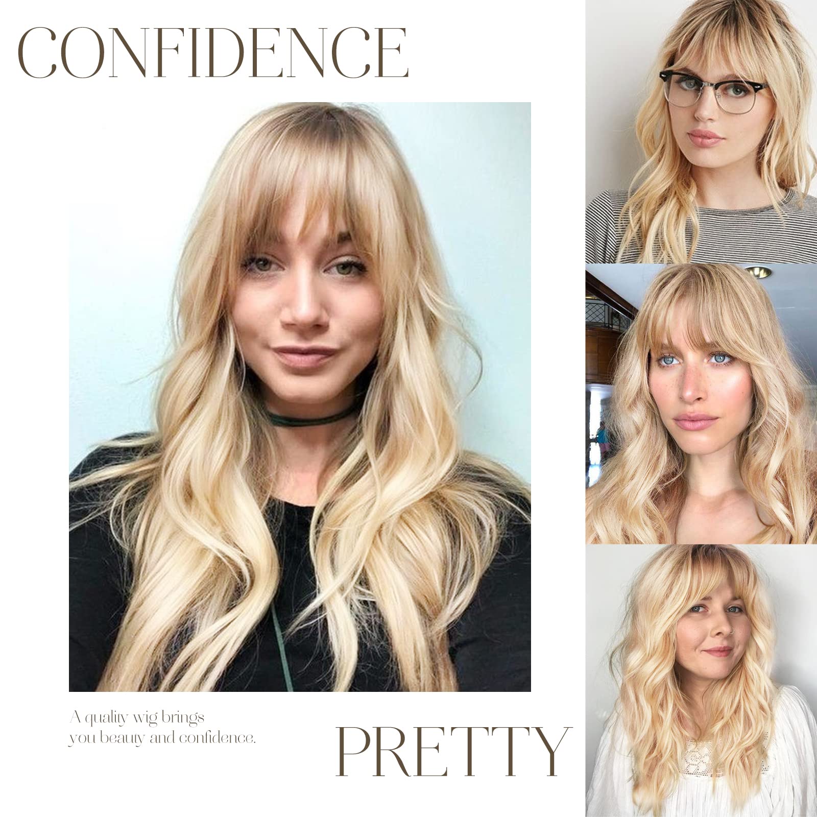 HAIRCUBE Long Wave Blonde Wigs With Bangs,Ombre Blonde Curly Wigs for Women Heat Resistant Synthetic Wigs