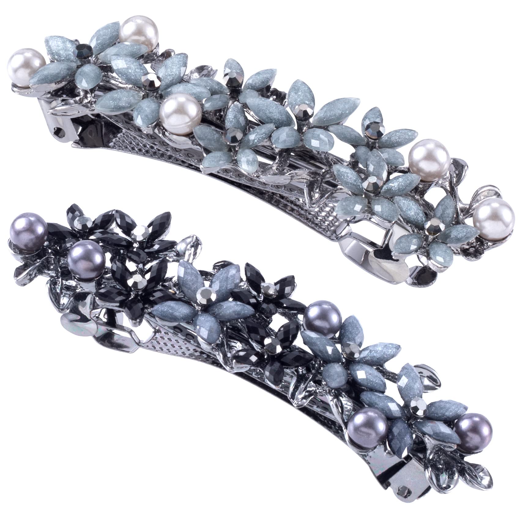 Hinzic 2Pcs Elegant Rhinestone Hair Clips Black Gray Crystal Pearl Bridal Barrettes Sparkly Vintage Wedding Prom Formal First Co