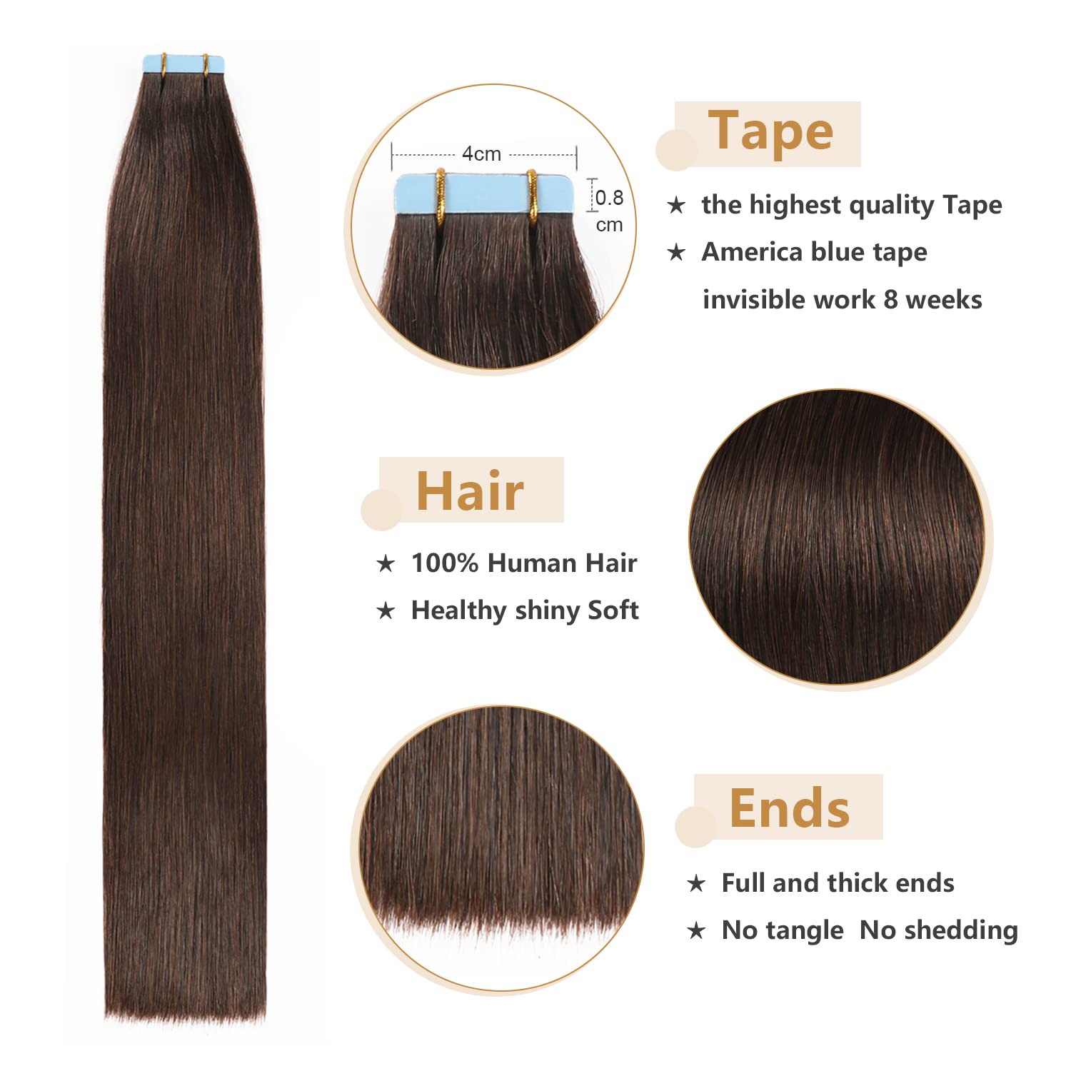 YILITE Tape in Hair Extensions - 14 inch Silky Straight Human Hair - #2 Darkest Brown - 20pcs, 40g/pack