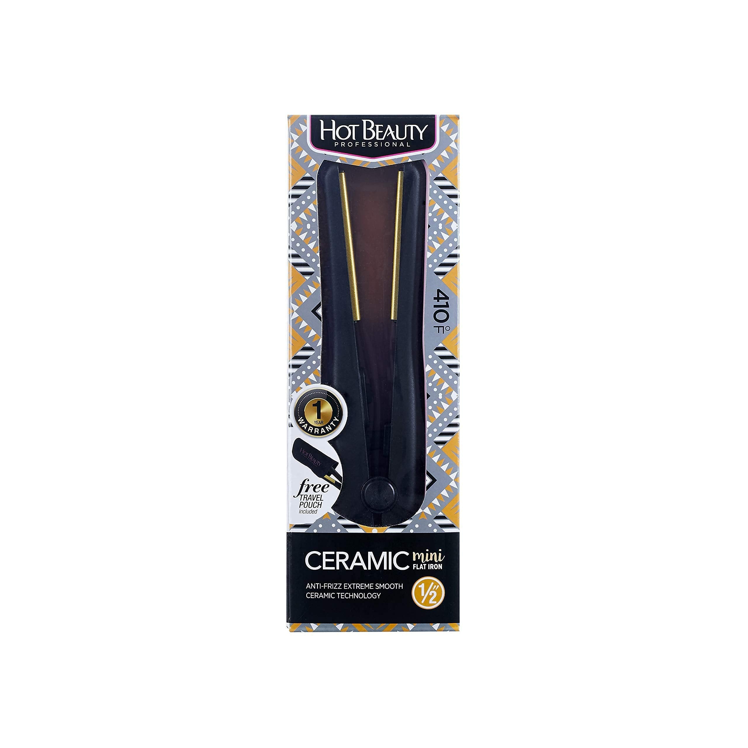 Hot Beauty Professional Ceramic Mini Flat Iron 1/2'' Anti-Frizz Extreme Smooth (Black) Travel Pouch Included