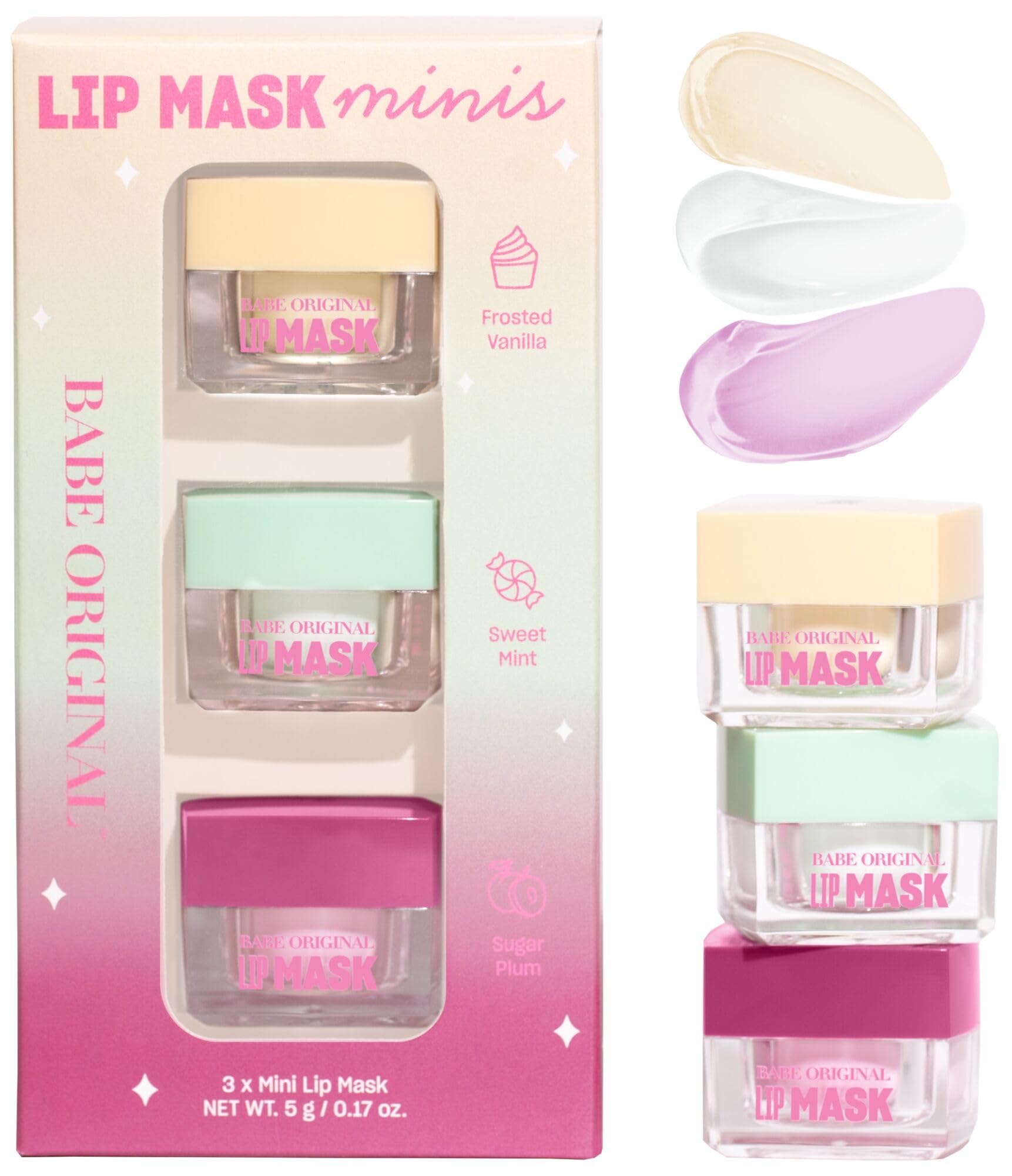 BABE ORIGINAL Lip Mask Minis Trio, Set of 3, Overnight Lip Mask for Dry Lips | Frosted Vanilla, Sweet Mint & Sugar Plum Scented 