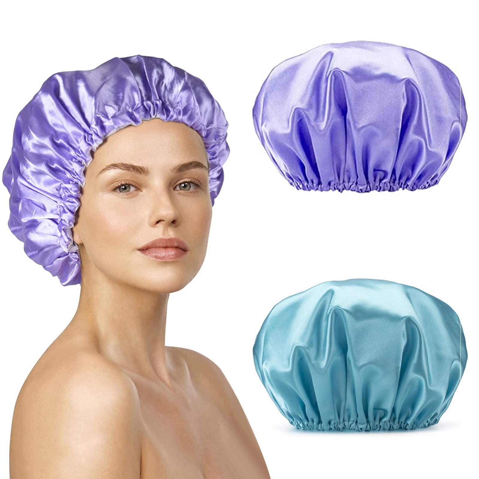 Smilco Reusable Shower Caps For Women 12.6 Inch Waterproof 2 Pack Large Shower Cap, Eva Hair Caps Double Layers Shower Cap For W