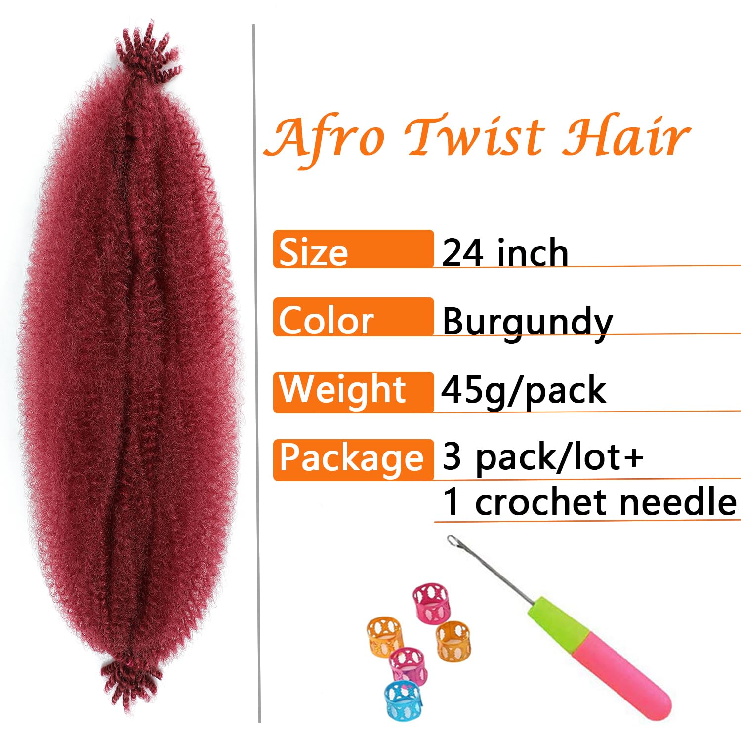 Springy Afro Twist Hair 24 Inch 3 Packs Burgundy Color Pre Fluffed Marley Twist Braiding Hair For Black Women (24 Inch, Burgundy