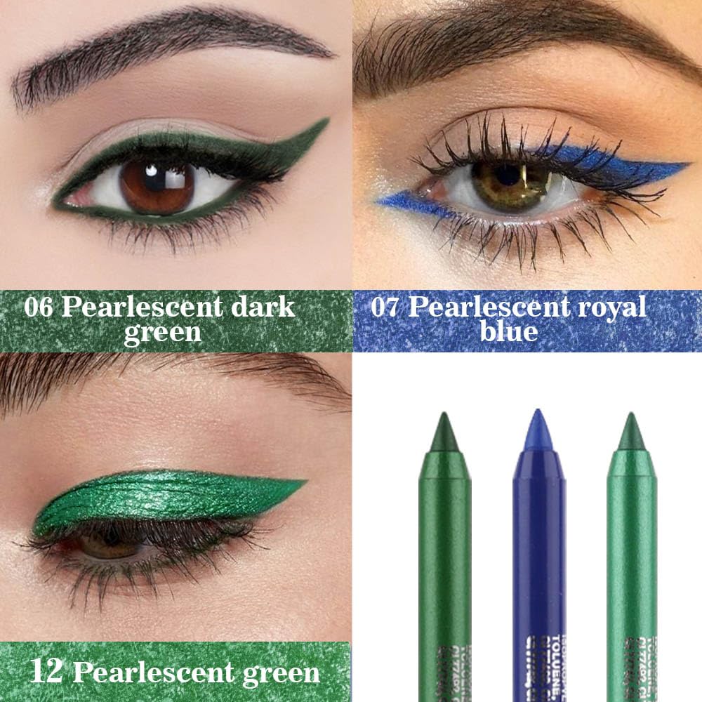 Evpct 3Pcs Shimmer Emerald Green & Shimmer Royal Blue & Shimmer Green Gel Glitter Eyeliner Pencils Set For Women, Waterproof Smu