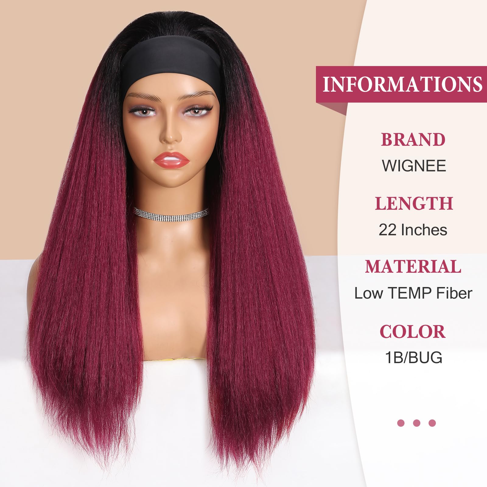 Wignee Red Kinky Straight Headband Wig For Women 22 Inches Burgundy Kinky Wig Yaki Straight Wigs With Black Headband Kinky Strai