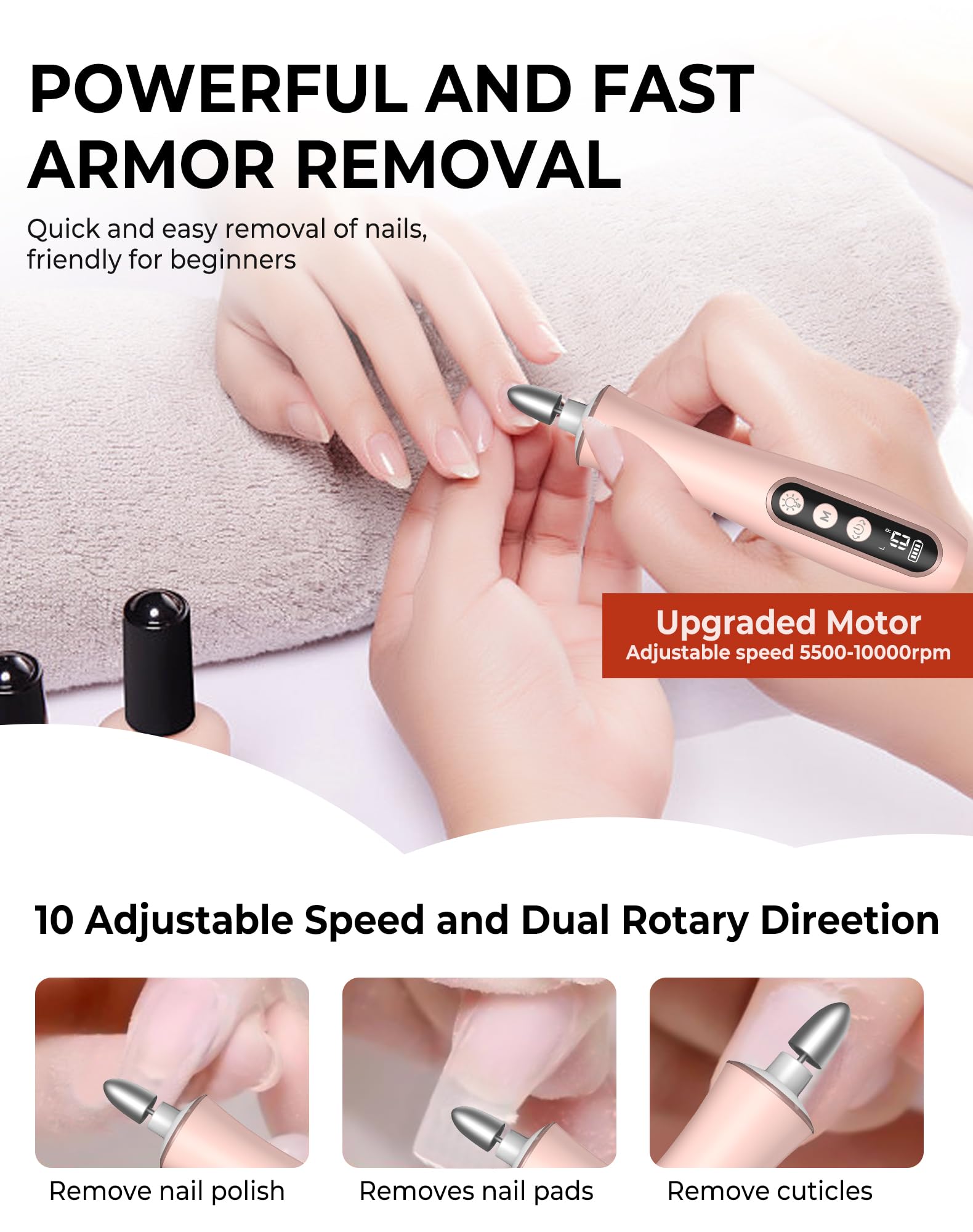 Cordless Nail Drill File 10 Speeds Electric Portable Manicure Pedicure Kit Rechargeable Nail Care Tool 360 Led Light Lcd Display