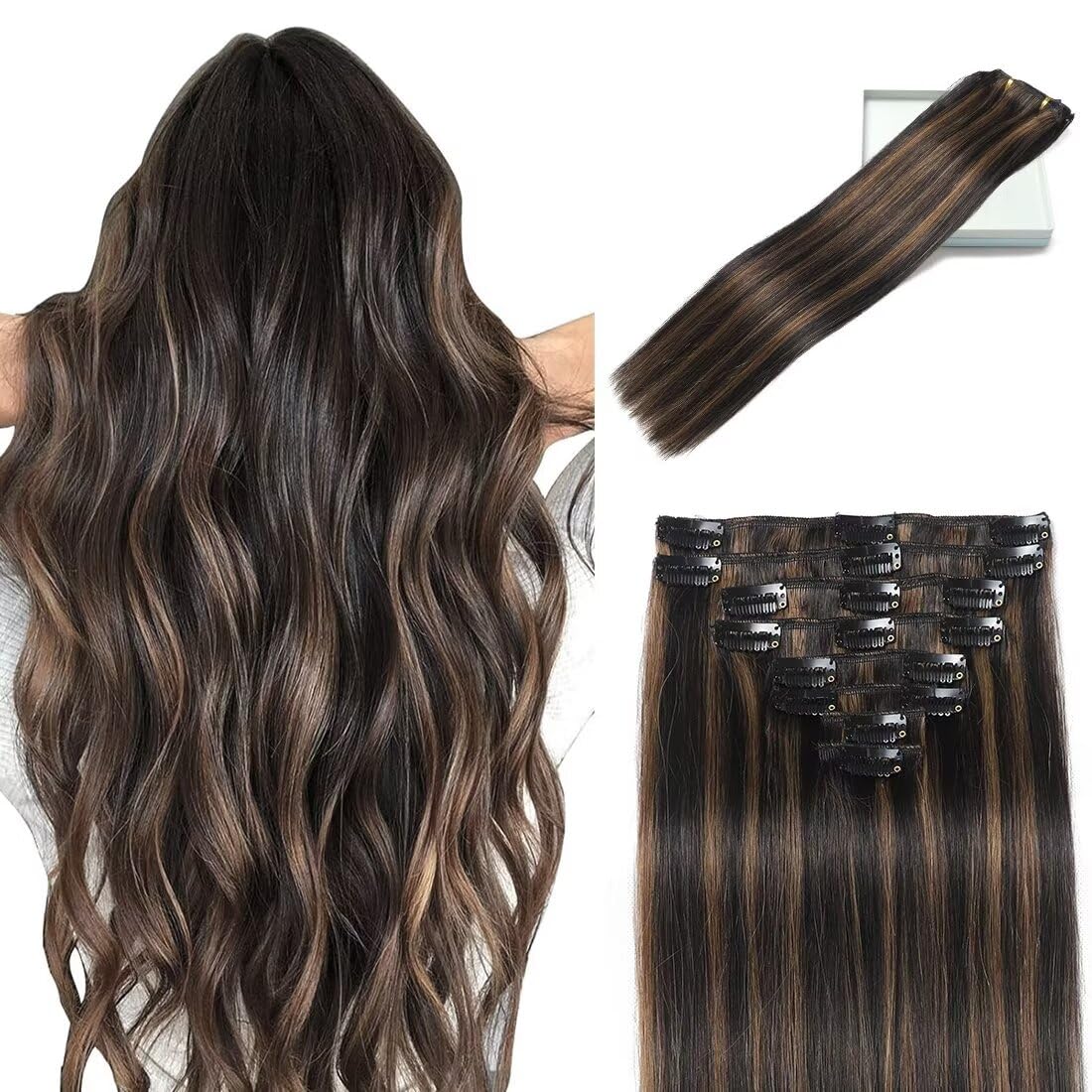 LORIEN Clip in Hair Extensions Real Human Hair, 22 Inch 110g, 1B/6 Natural Black to Chestnut Brown, Clip in 100% Brazilian Remy 