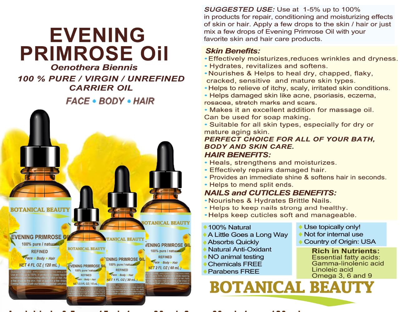 Botanical Beauty EVENING PRIMROSE OIL 100% Pure Natural Undiluted Unrefined Virgin Cold Pressed Carrier Oil. 1 Fl.oz.- 30 ml for
