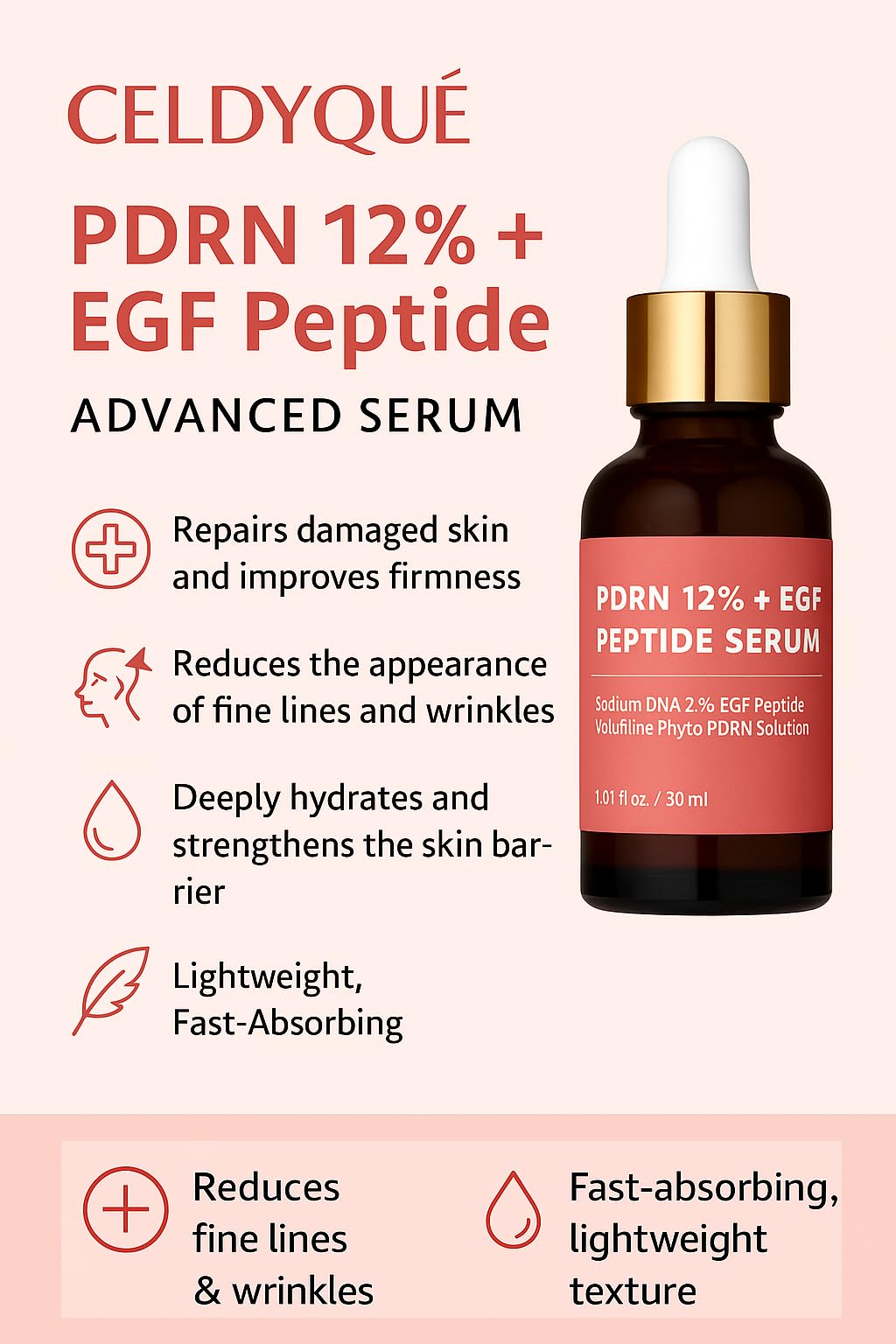Salmon DNA PDRN 120,000 ppm EGF Peptide Microneedling Serum w/Volufiline, Phyto PDRN 12%, Growth Factor - Anti-Aging Face Serum