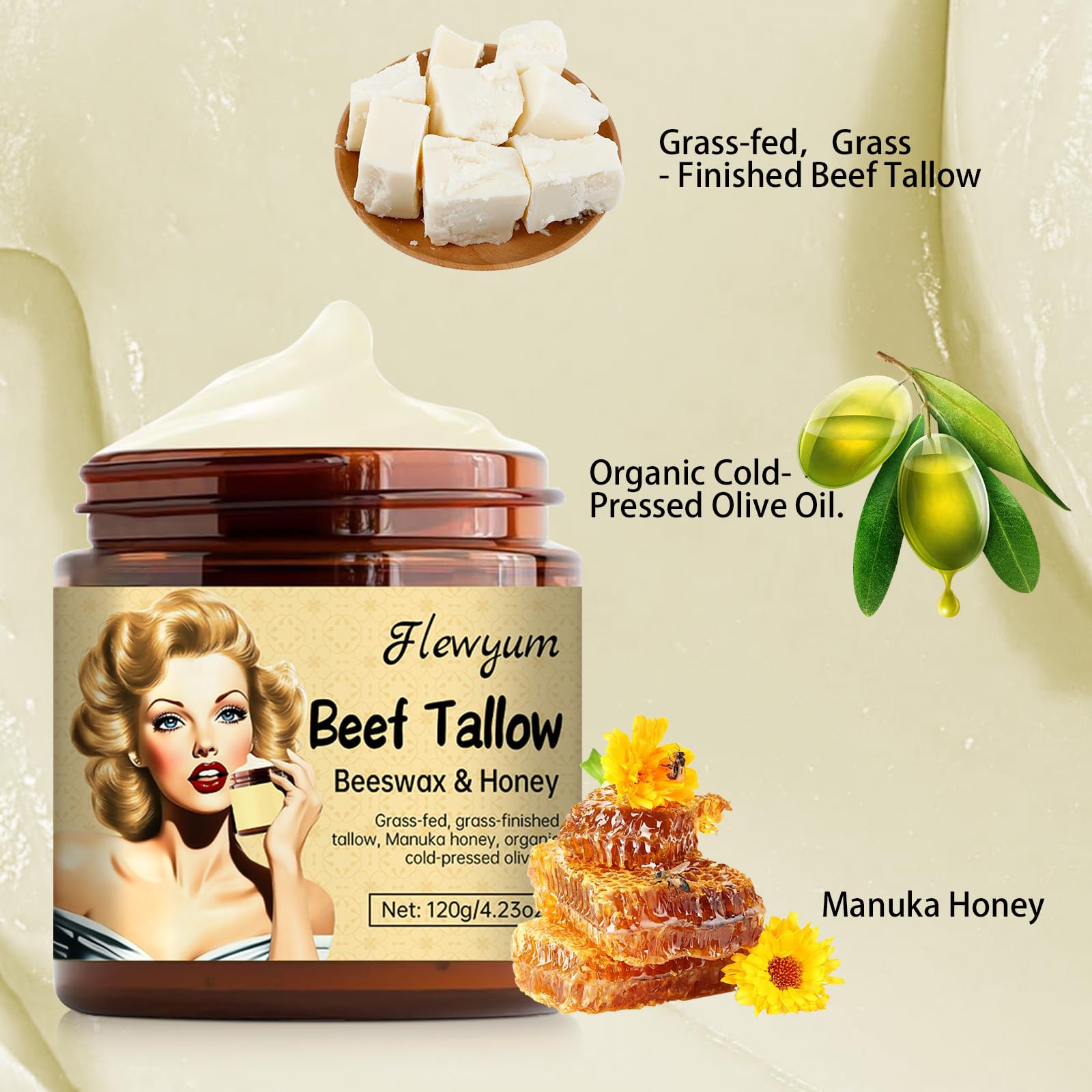 Whipped Beef Tallow And Manuka Honey Balm For Skin Unscented Grass Fed Grass Finished Organic Face Cream Moisturizer Body Lotion