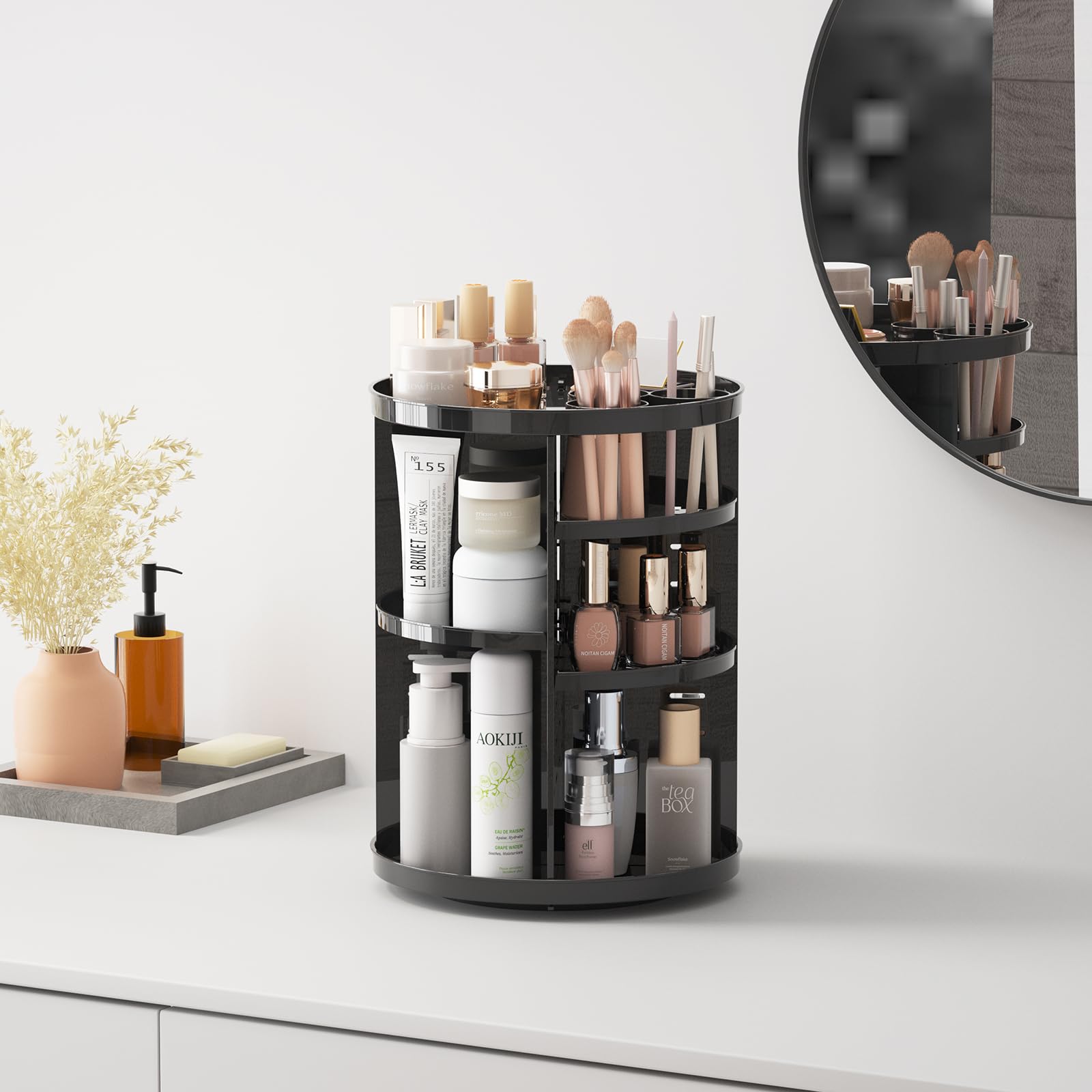 Jiavarry Rotating Makeup Organizer For Vanity, 360 Spinning Skincare Organizers With Adjustable Trays, Make Up Desk Storage Caro