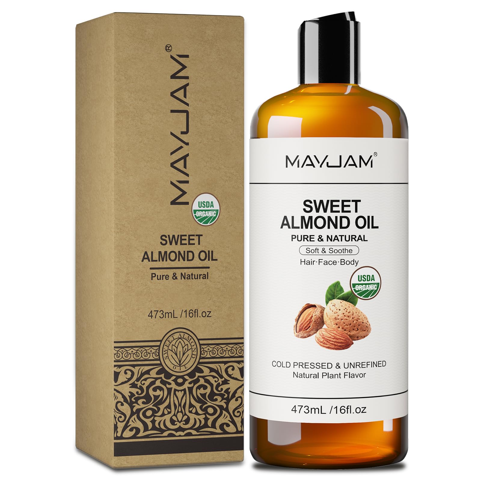 MAYJAM Sweet Almond Oil 16 Fl Oz, USDA Certified Pure and Natural Carrier Oil, for Skin and Hair Moisturizing, Hair and Body Mas