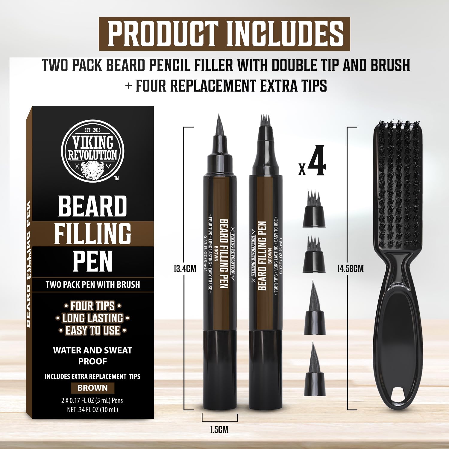 Viking Revolution Beard Pen (2 Pack) - Brown Beard Pencil Filler For Men Lapiz Para Barba De Hombre - Beard Filler For Men Water