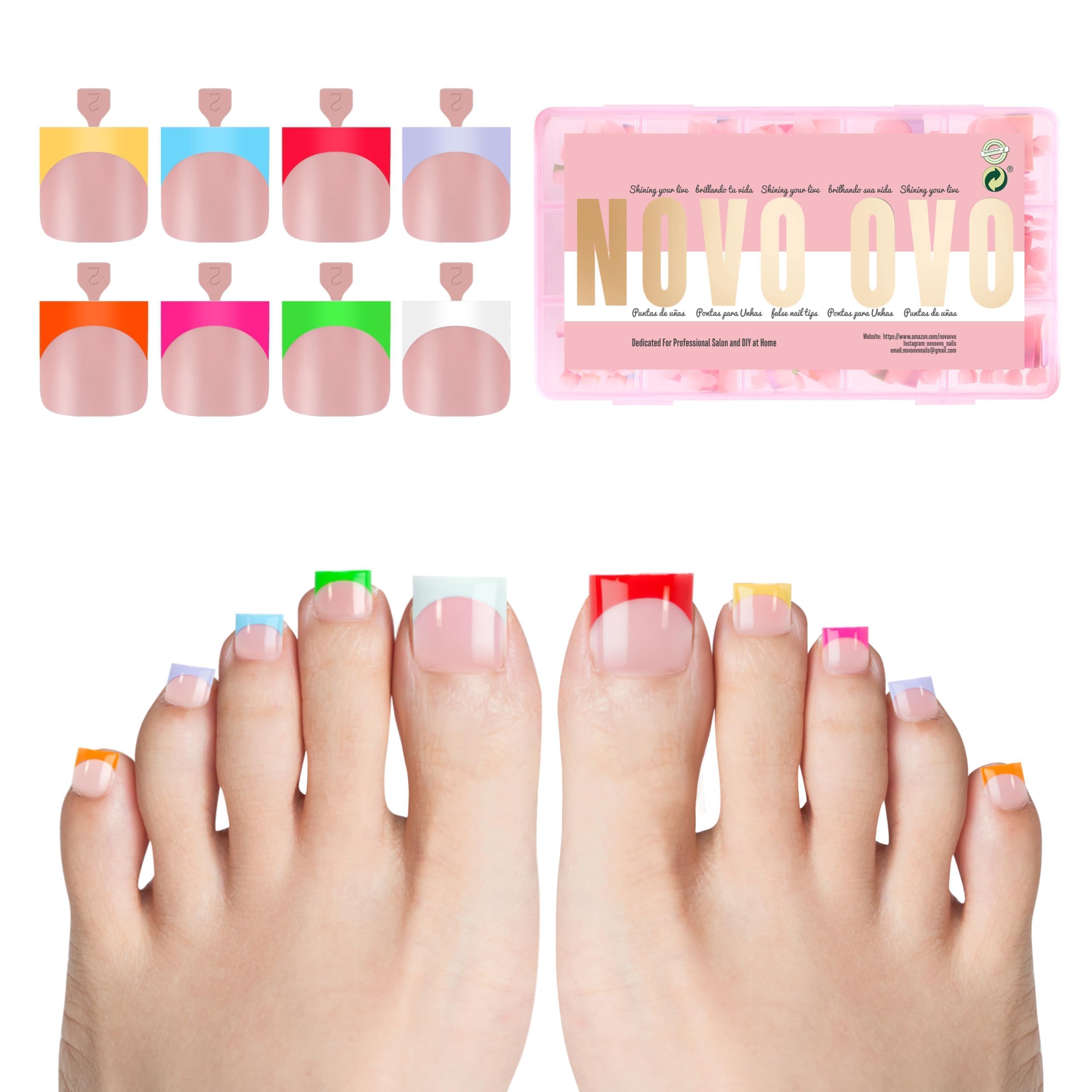 NOVO OVO French Tip Toe Nail Tips press on 8 MIXED COLOR, Sharp Square Toe Nail Tips BABY PINK Toenail Extension, Need Builder G