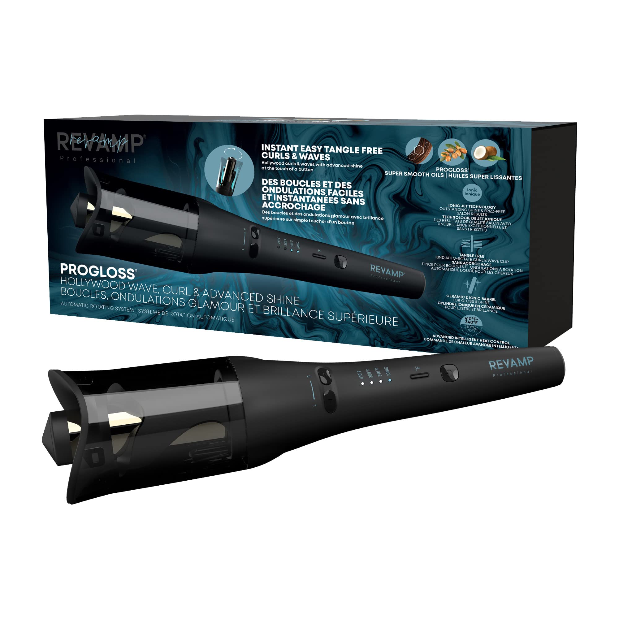 Revamp Progloss Hollywood Automatic Curling Iron - Advanced Shine Rotating Curling Iron with Hydrating Dual Ionic Jets, Ceramic
