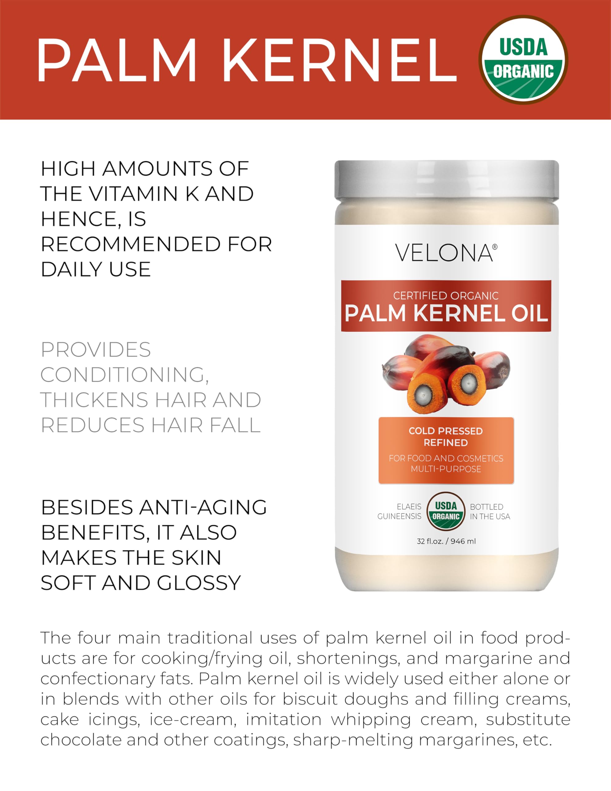 velona USDA Certified Organic Palm Kernel Oil - 64 Fl Oz | 100% Pure and Natural Carrier Oil | Refined, Cold Pressed