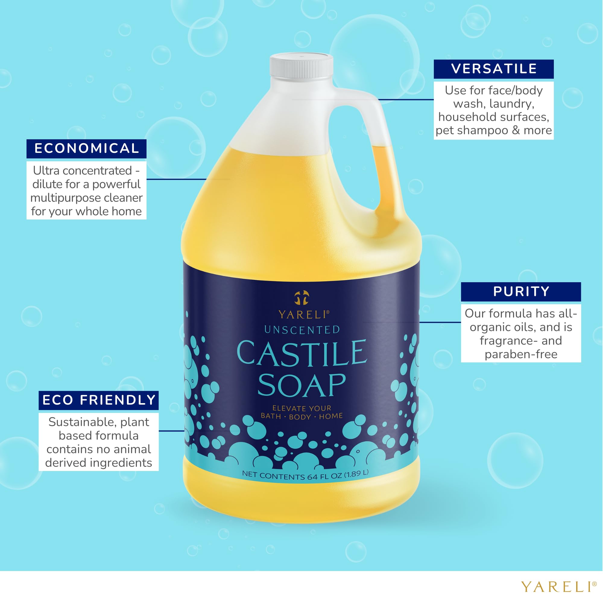 Yareli Pure Castile Liquid Soap, Unscented, With All Organic Oils For Adults, Kids And Babies For Bath, Body And Home, 64Oz