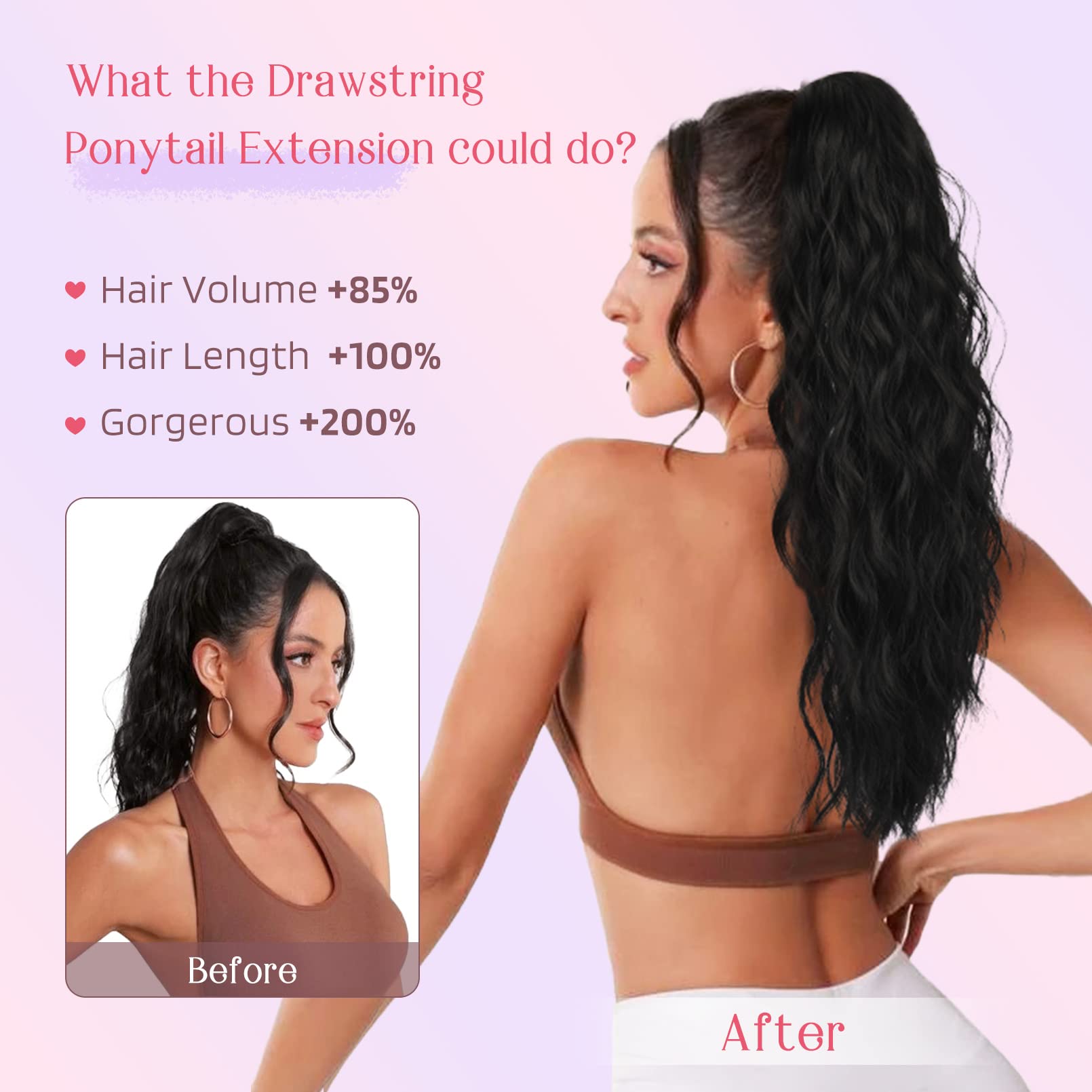 Hoojih Ponytail Extension, Drawstring Ponytail Hair Extensions 26 Inch Long Curly Wavy Ponytail Natural Wavy Synthetic Hairpiece