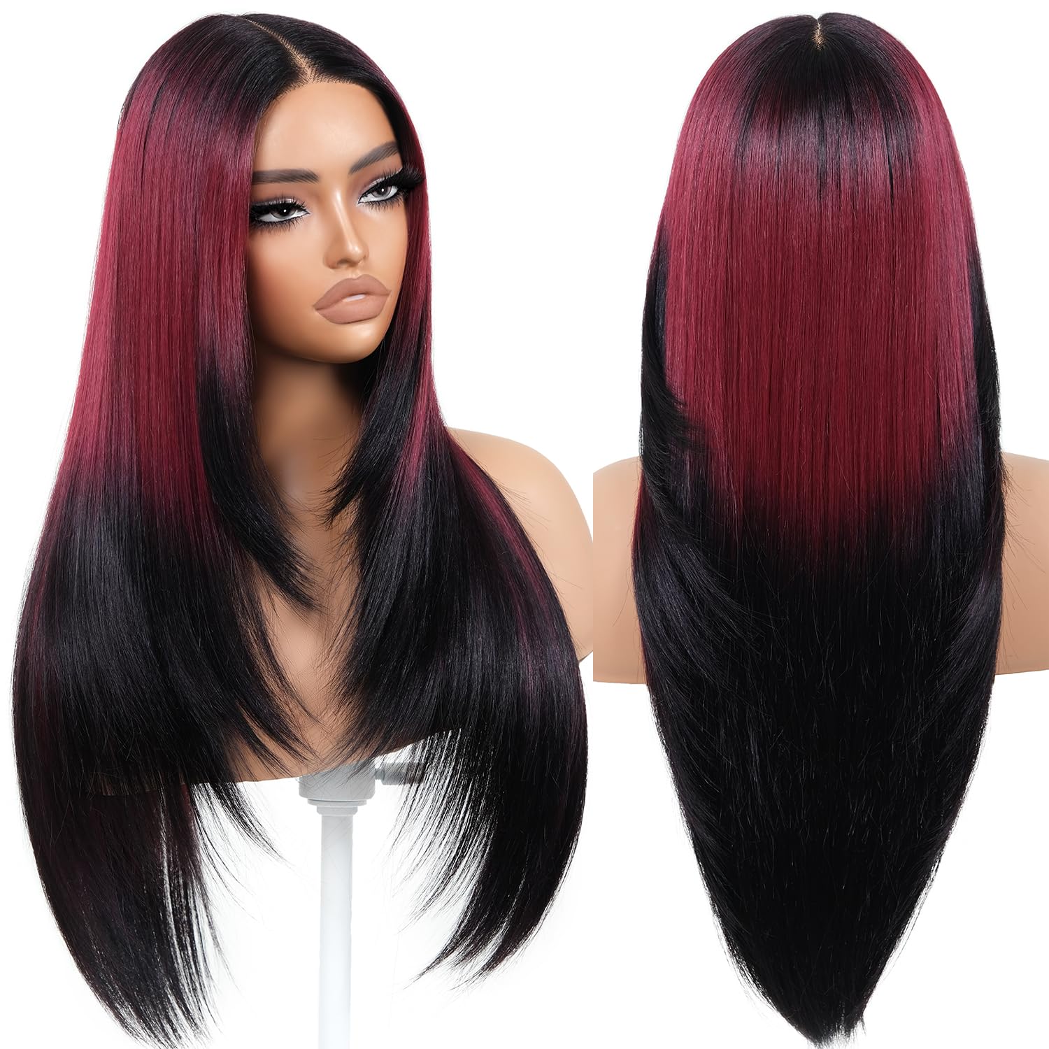 BrownBomb Ombre Red Black Wear and Go Glueless Wigs Pre Plucked Pre Cut for Beginners Synthetic Lace Front Wigs With Bangs Long