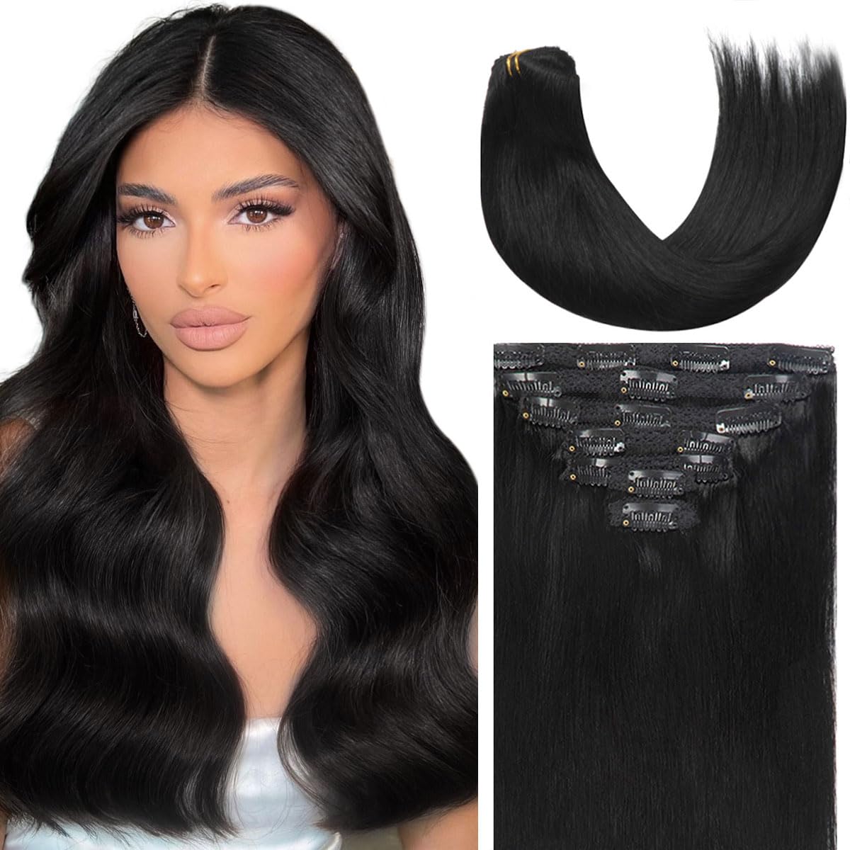 Caliee Clip in Hair Extensions Human Hair 20Inch Hair Extensions Clip in Human Hair Black Hair Extensions Clip in Color Jet Blac
