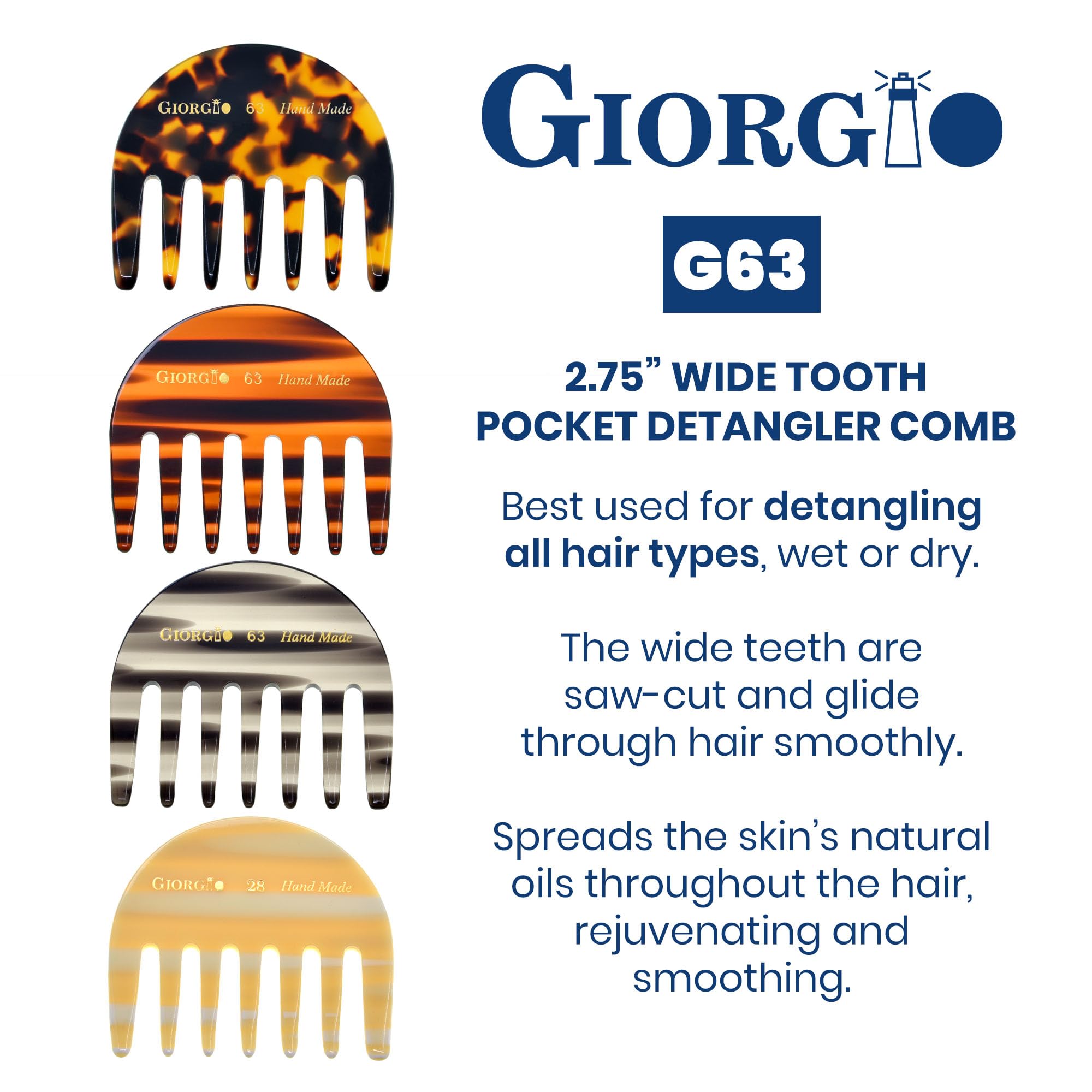 Giorgio G63 Wide Tooth Detangling Comb, Pocket And Travel Comb For Thick Hair, Hair Detangler For Wet And Dry Everyday Care - Ha