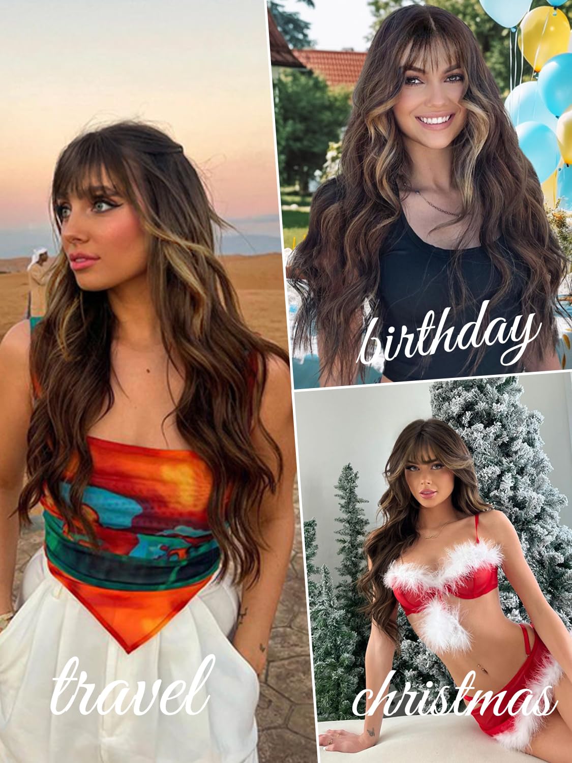 Aisi Queens Brown Wig With Bangs For Women Long Wavy Hair Wig Brown Highlight Wig Curly Wavy Synthetic Wigs For Girls Daily Part