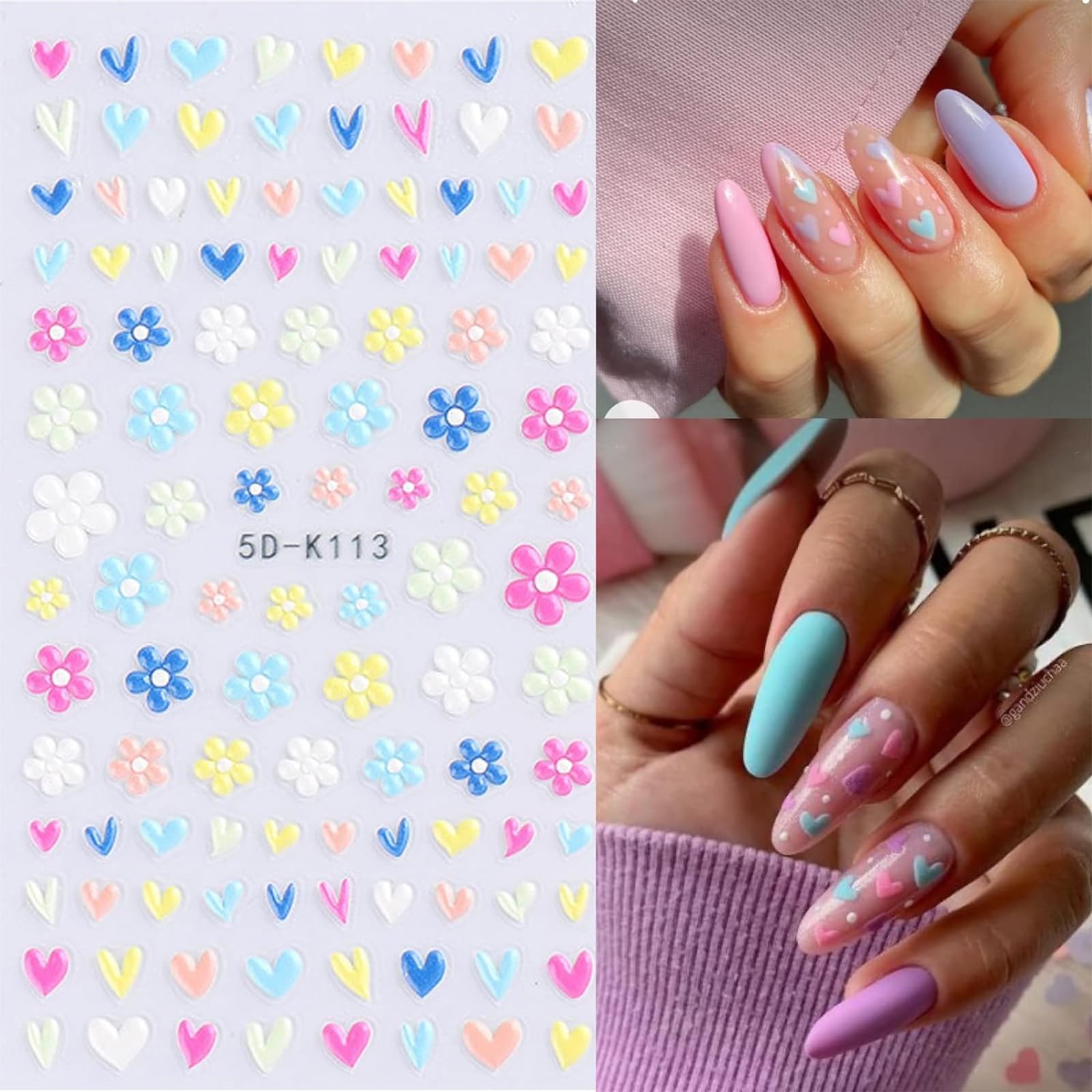 Votacos 6 Sheets Flower Nail Art Stickers Decals 5D Embossed Nail Decals Spring Summer Self-Adhesive Nail Supplies Accessories 3