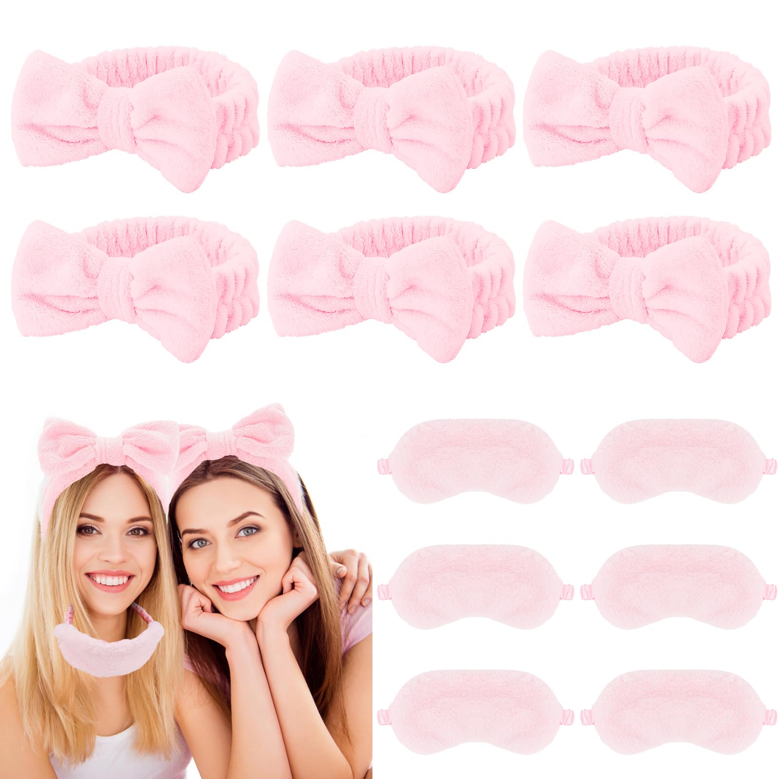 Casoty 12 Pcs Spa Headbands With Plush Sleep Eye Masks Set, Slumber Party Supplies For Girls, Makeup Headband, Skincare Headband